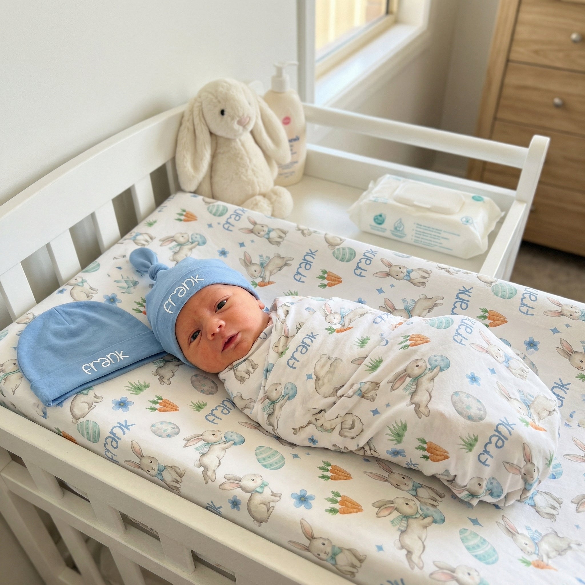 Personalized Changing Pad Cover in Blue Easter Eggs