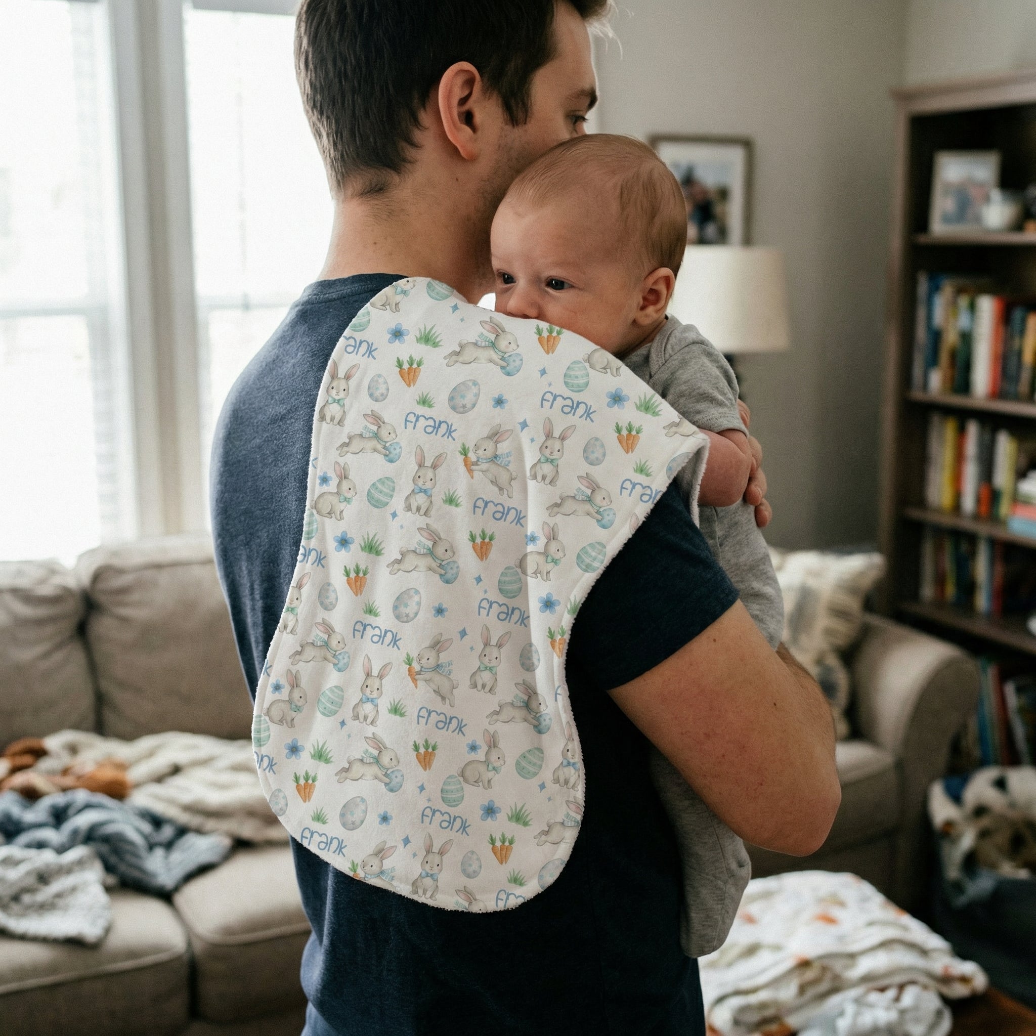 Personalized Bib and Burp Cloths in Blue Easter Eggs