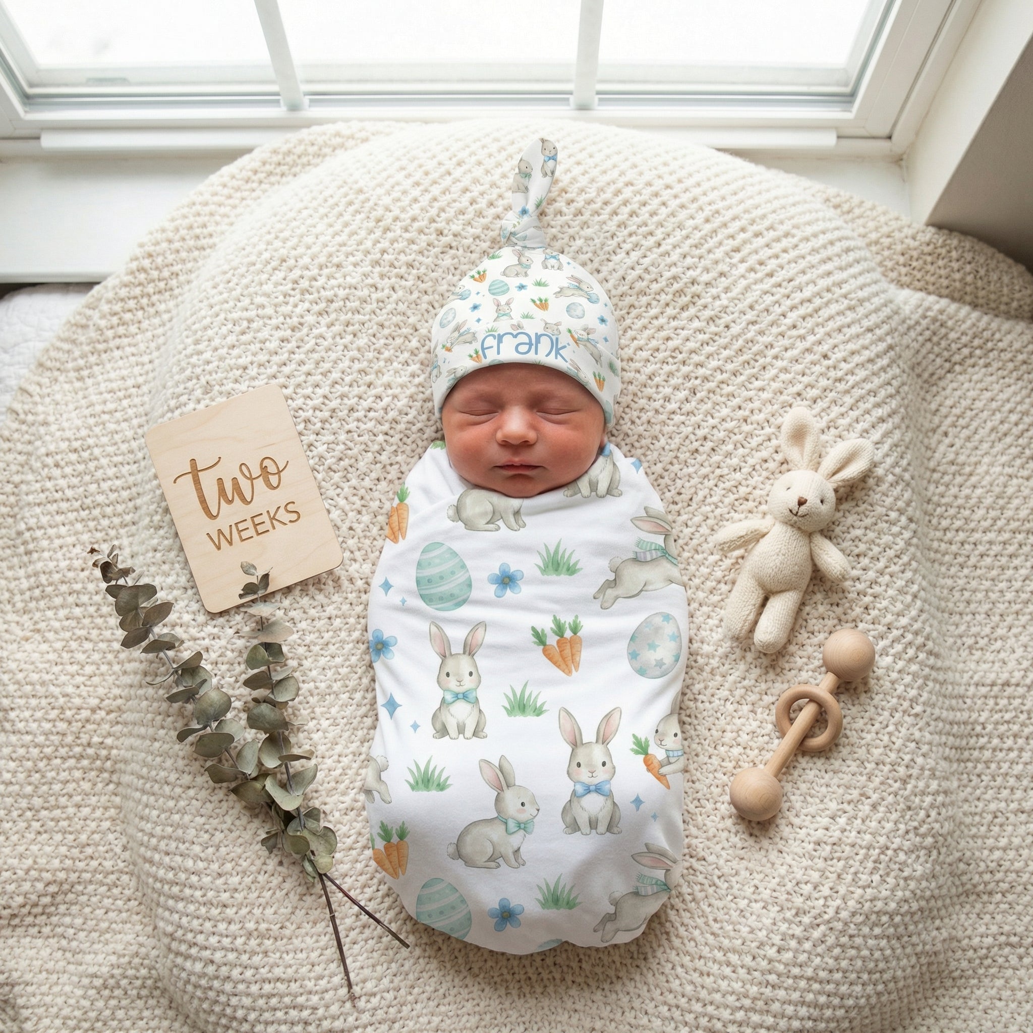 Personalized Knotted Hat in Blue Easter Eggs