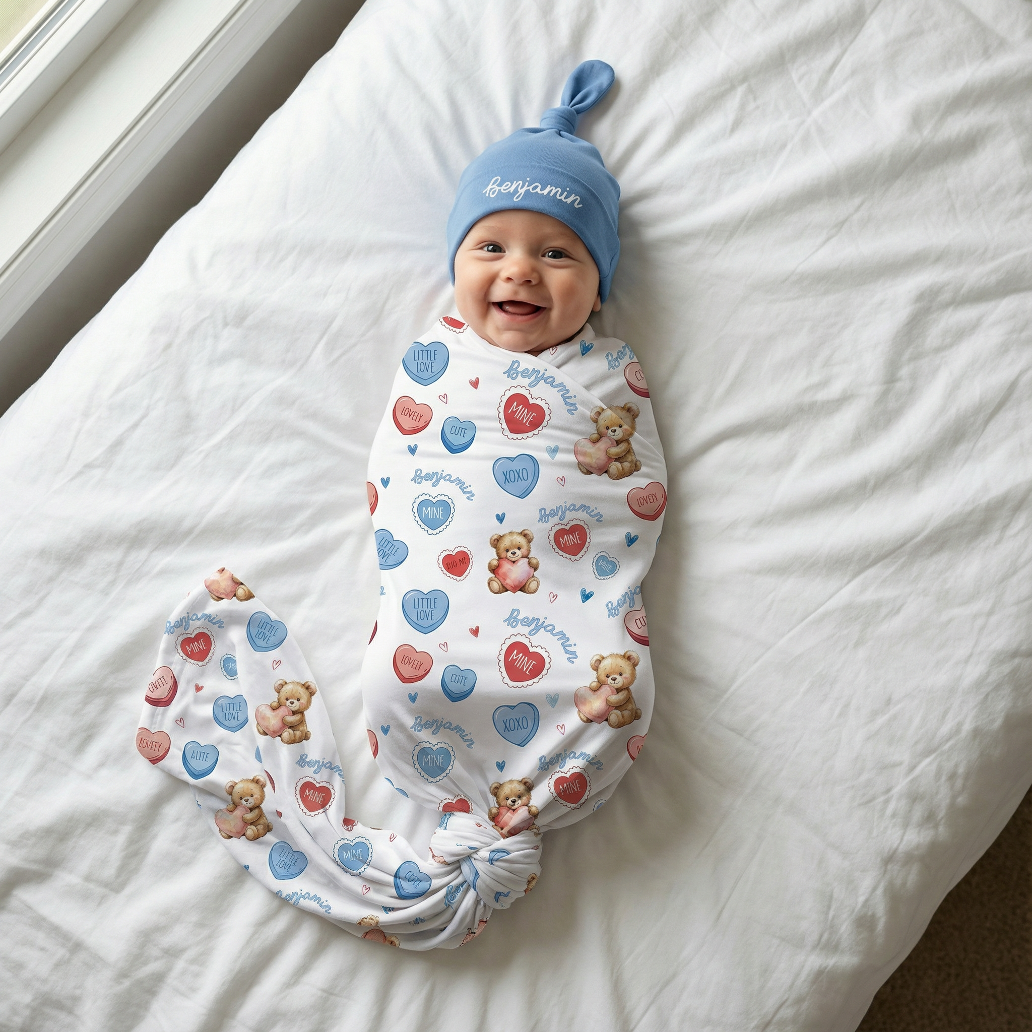 Personalized Knotted Hat in Baby Blue