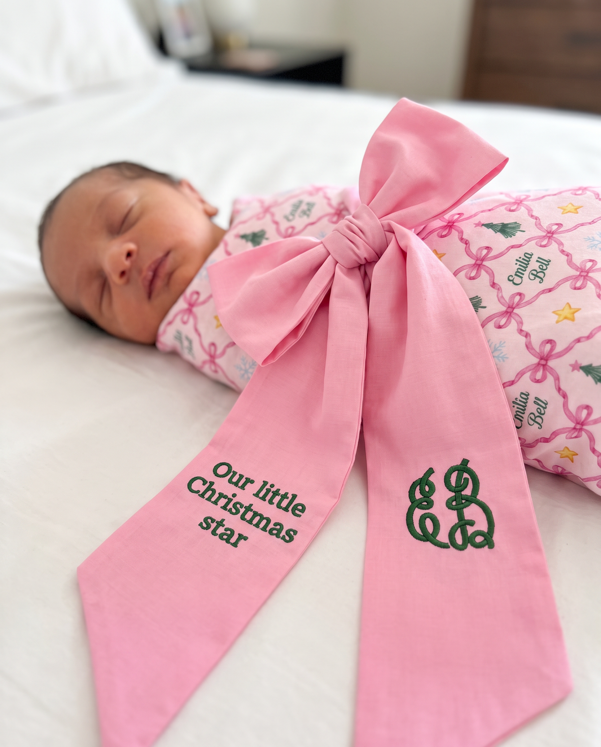 Embroidered Newborn Bow Sash in Bubblegum Pink