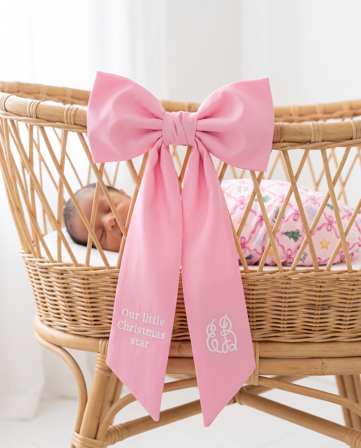 Embroidered Newborn Bow Sash in Bubblegum Pink