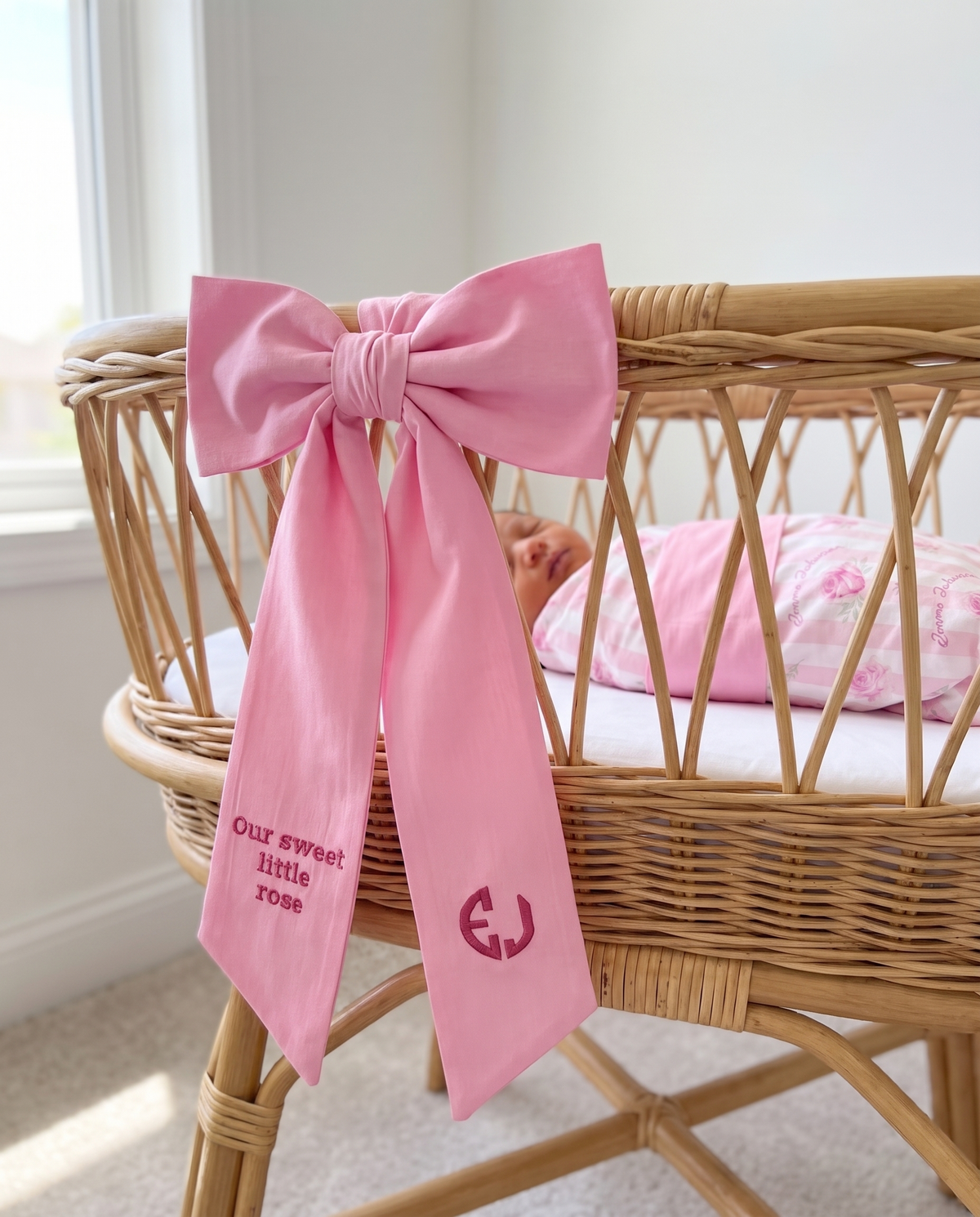 Embroidered Newborn Bow Sash in Bubblegum Pink