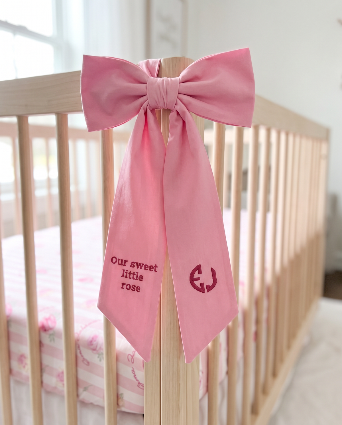 Embroidered Newborn Bow Sash in Bubblegum Pink