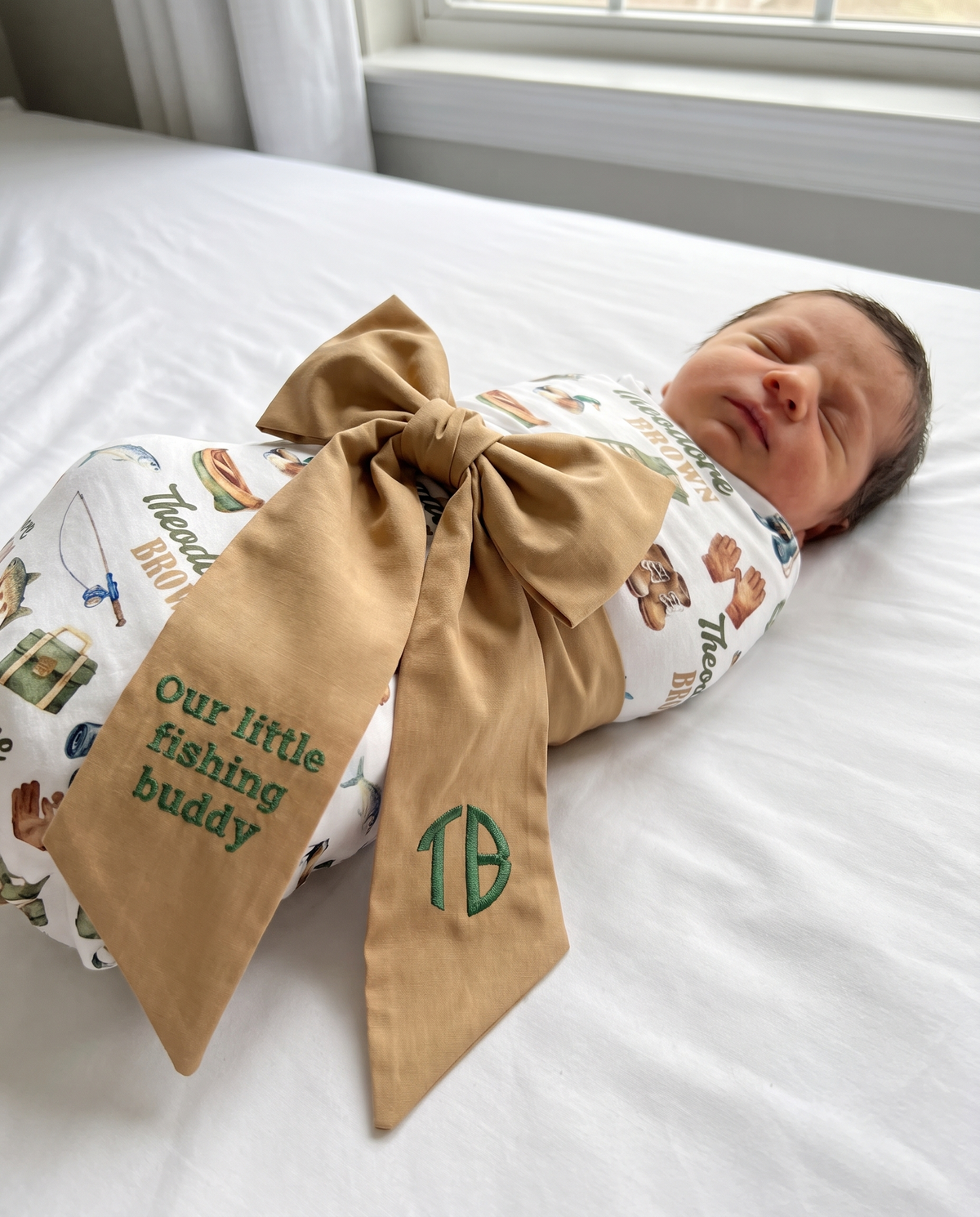 Embroidered Newborn Bow Sash in Camel