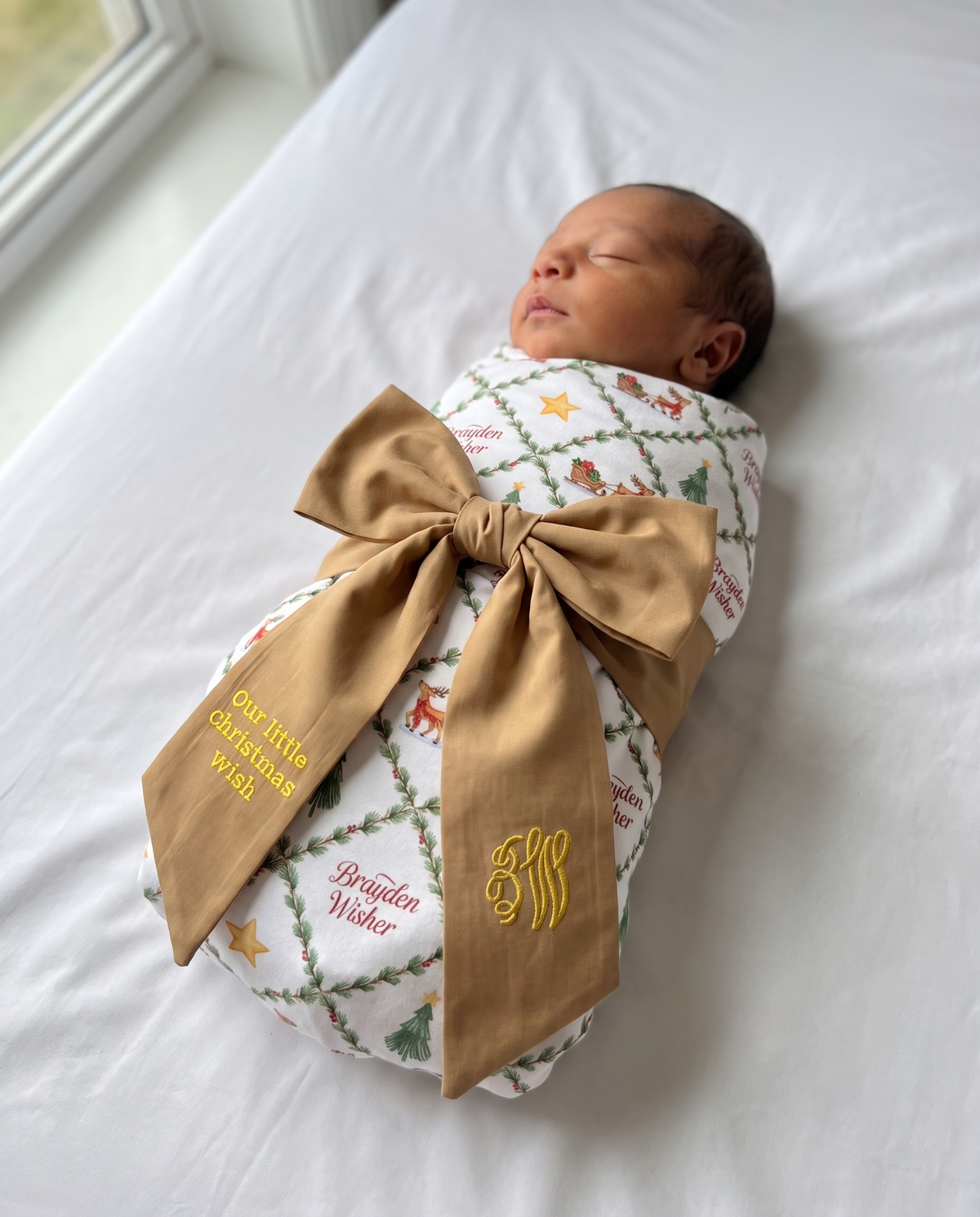 Embroidered Newborn Bow Sash in Camel