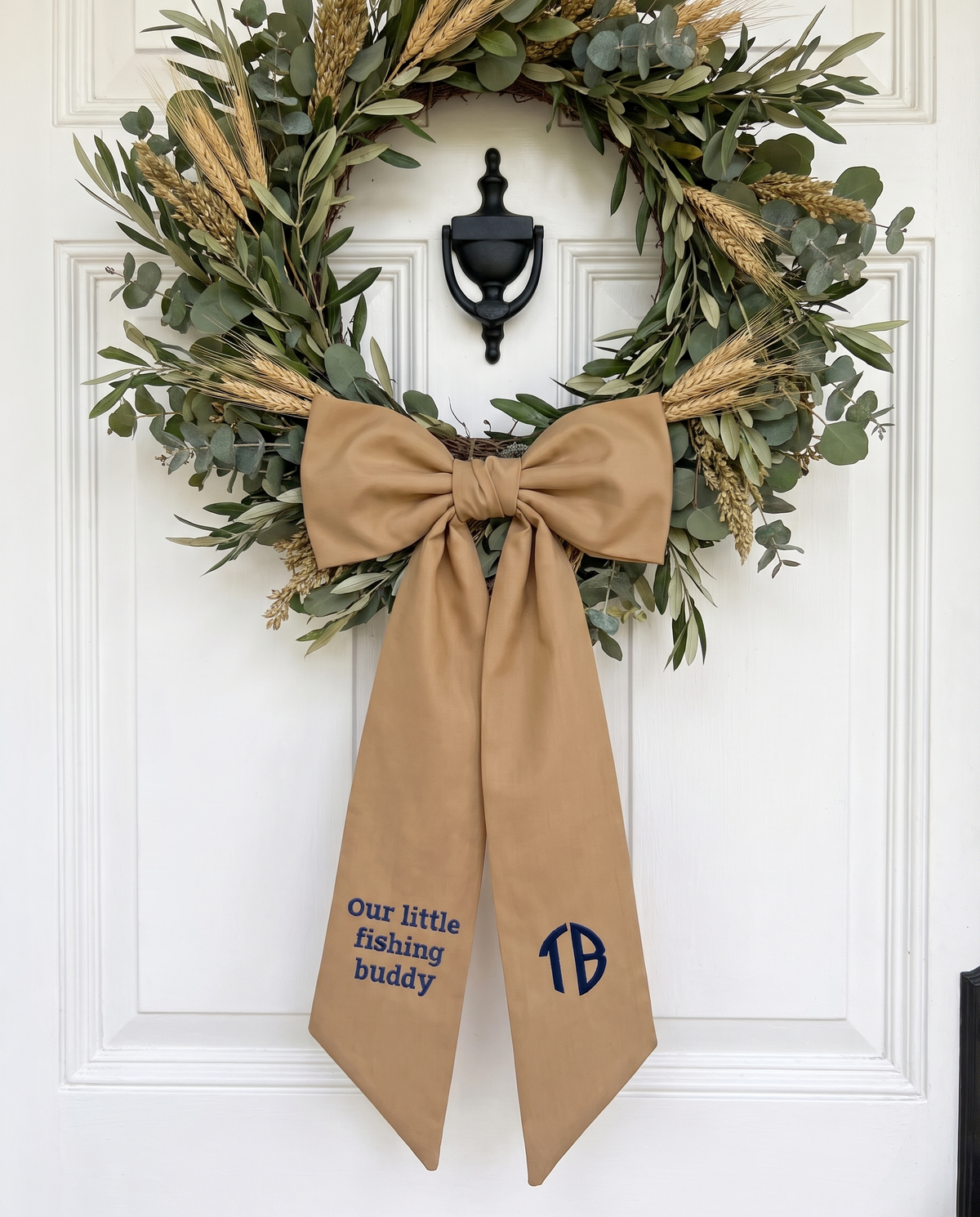 Embroidered Newborn Bow Sash in Camel
