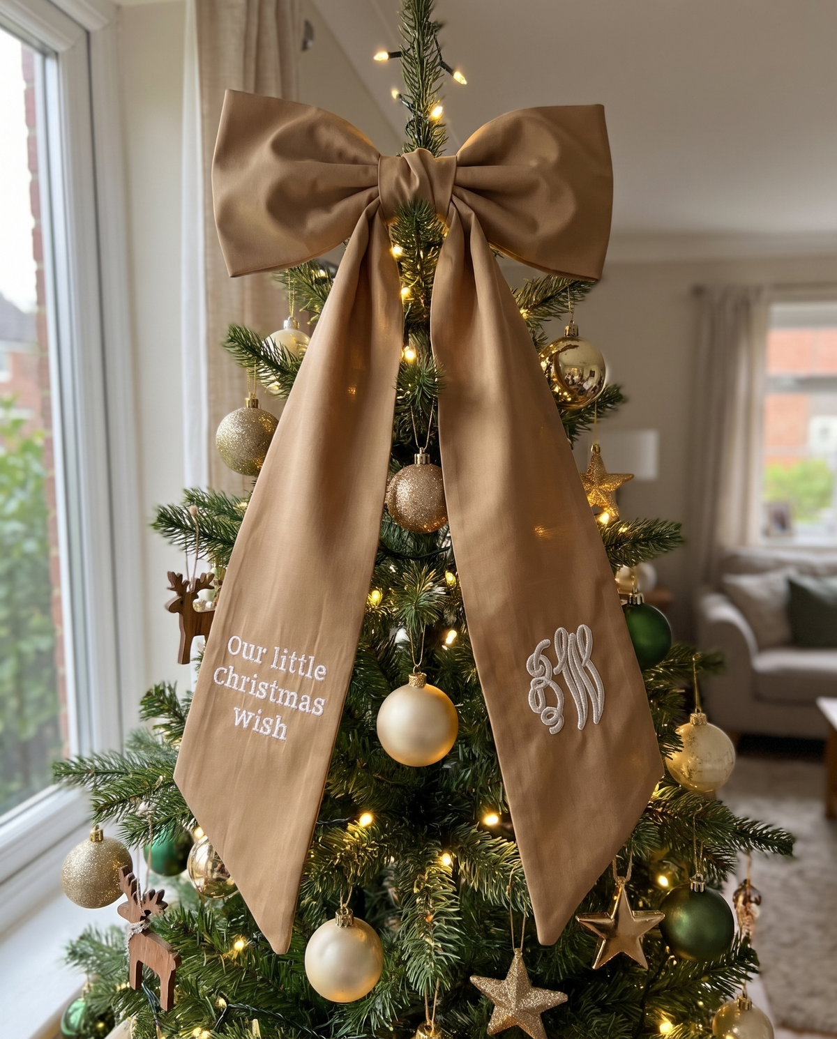 Embroidered Newborn Bow Sash in Camel