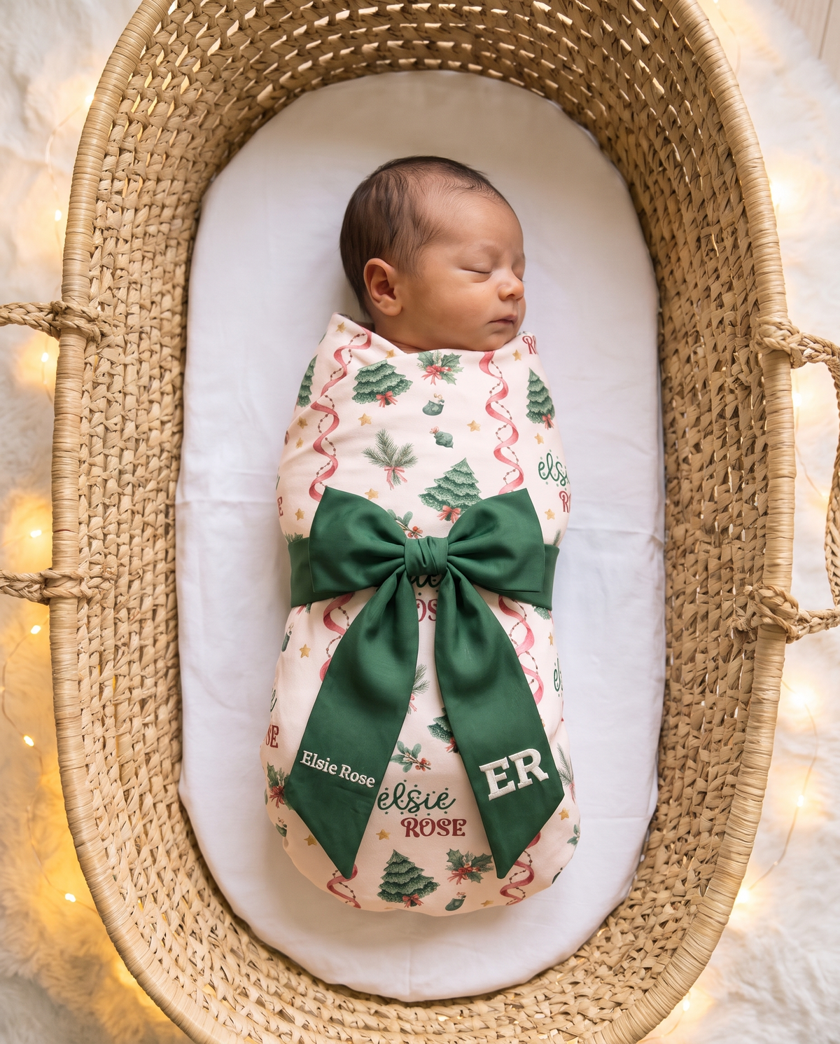 Newborn swaddled in a Christmas tree print sleeping in a woven basket with a forest green monogrammed bow sash