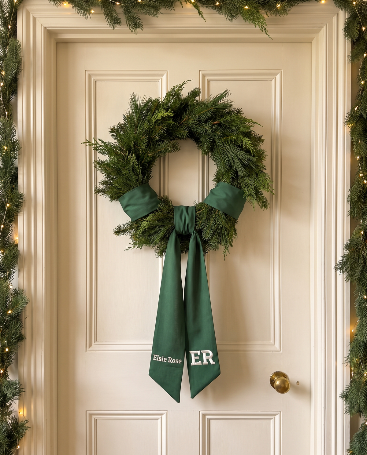 Forest green bow sash hanging on a door below an evergreen wreath