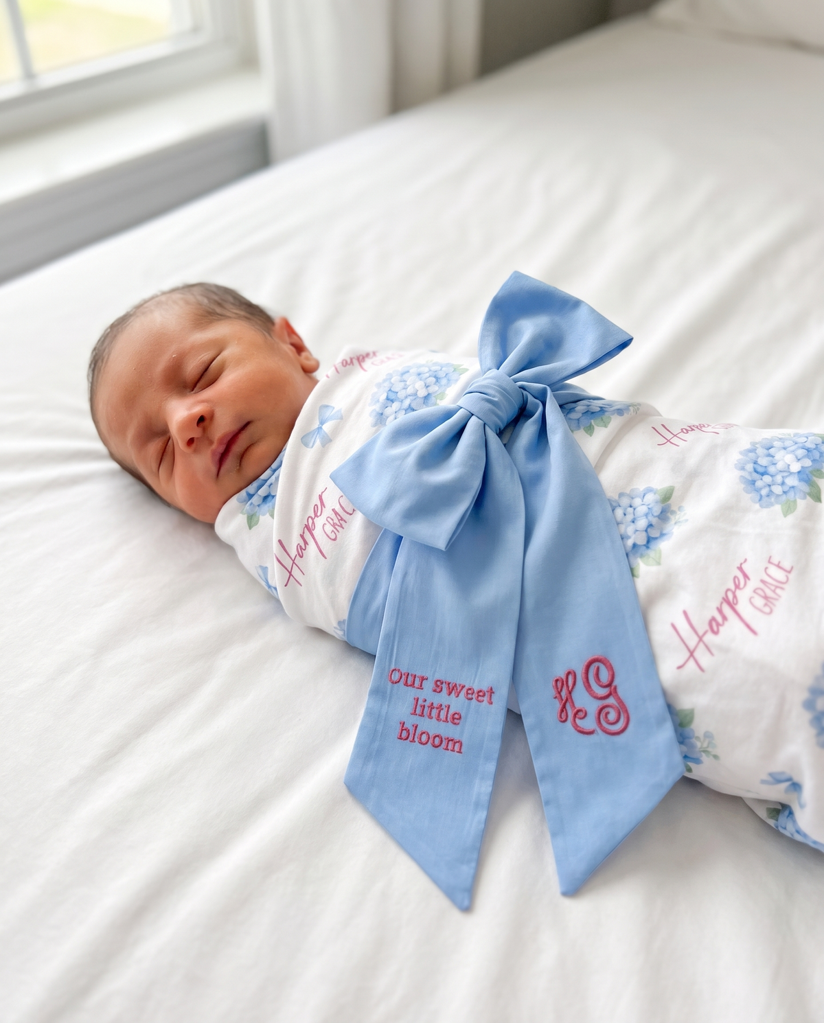 Embroidered Newborn Bow Sash in Sky Blue