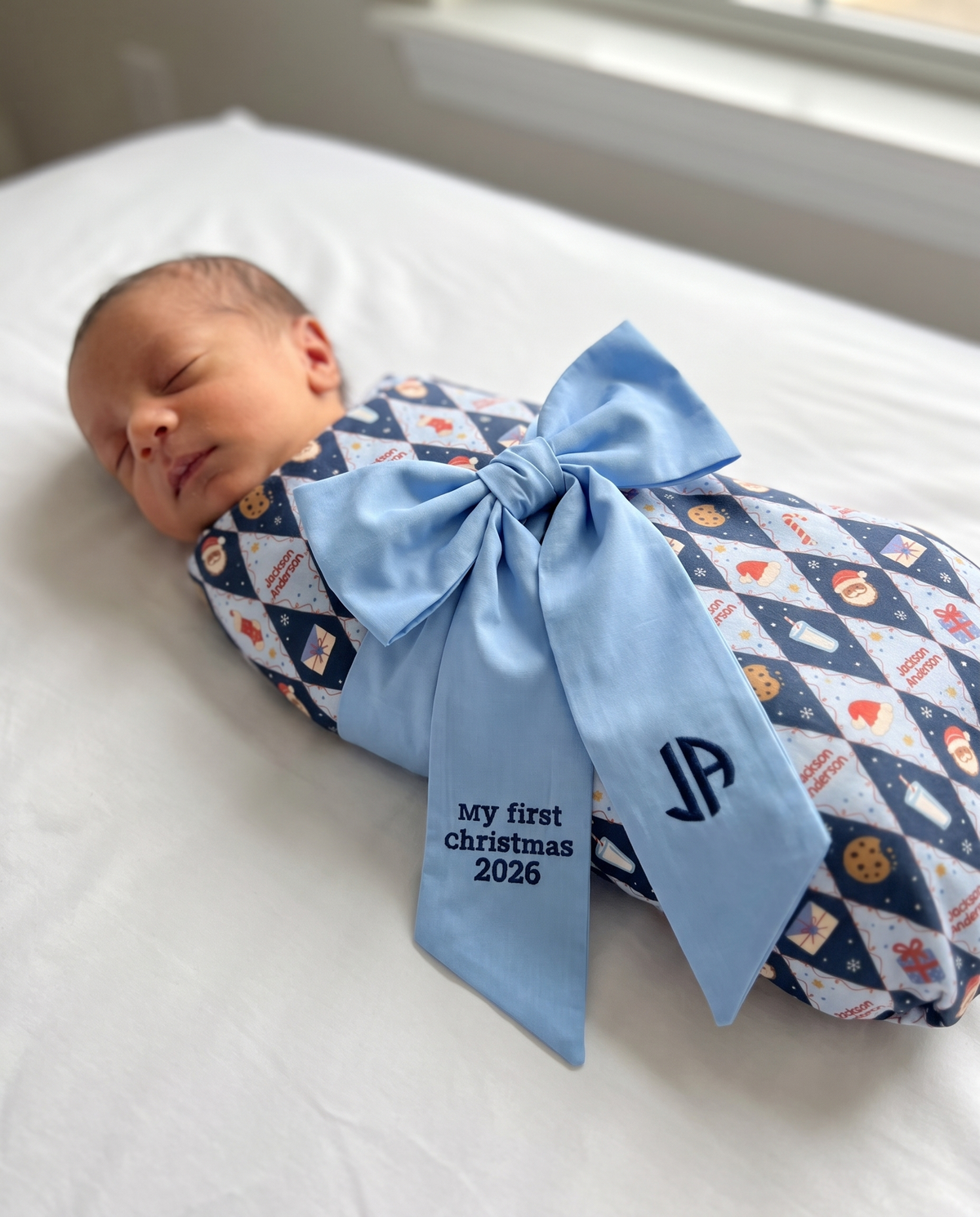 Embroidered Newborn Bow Sash in Sky Blue