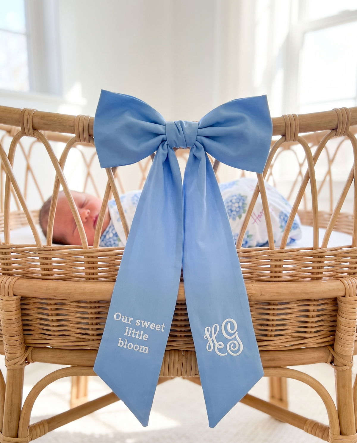 Embroidered Newborn Bow Sash in Sky Blue