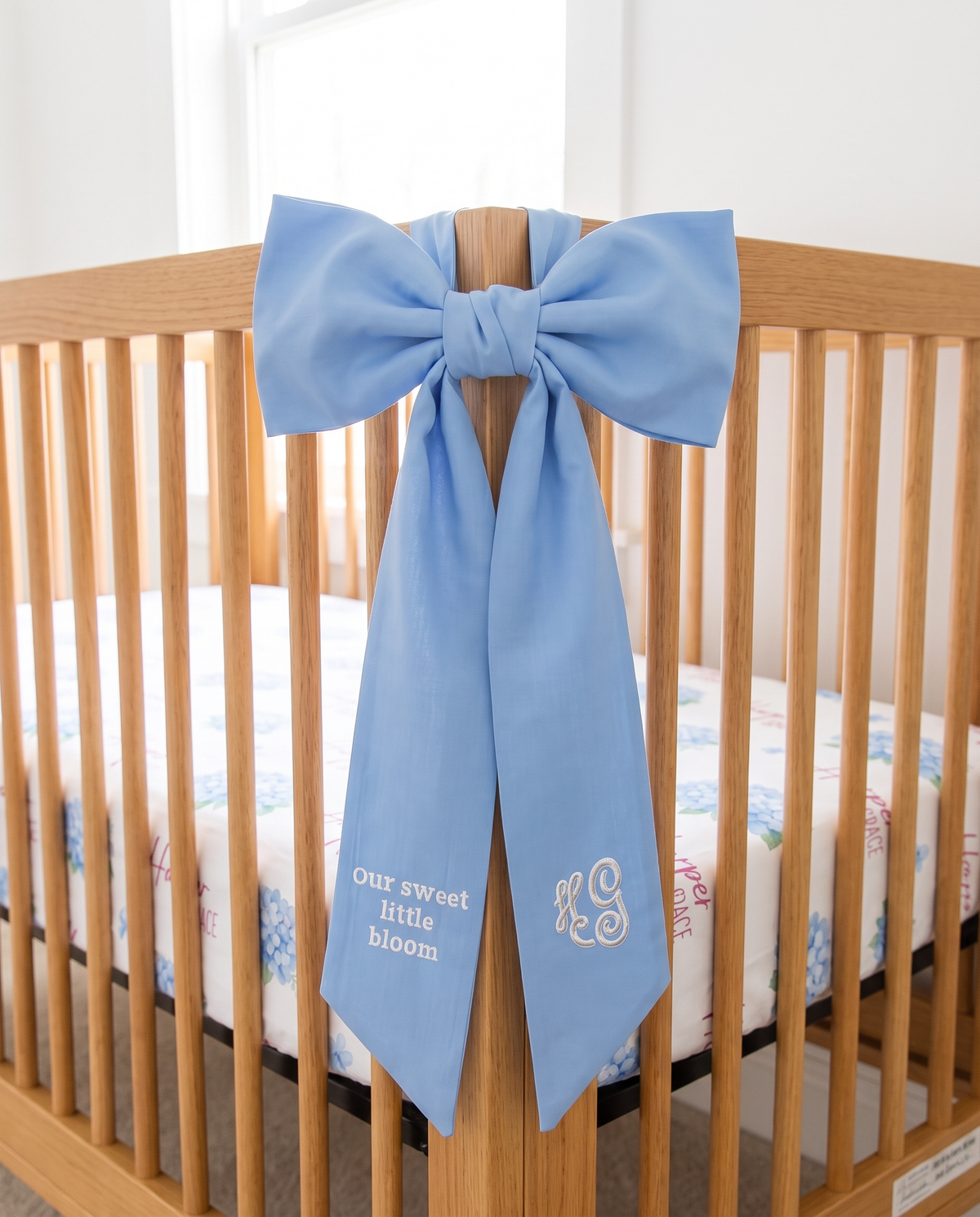 Embroidered Newborn Bow Sash in Sky Blue