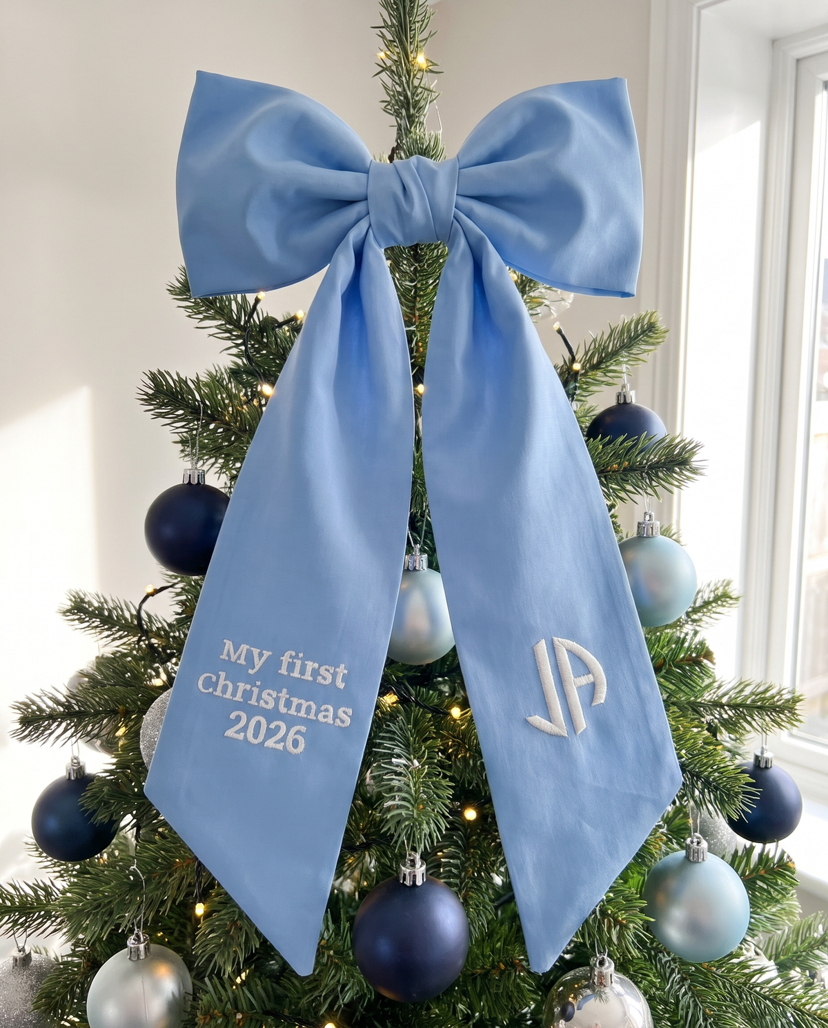 Embroidered Newborn Bow Sash in Sky Blue
