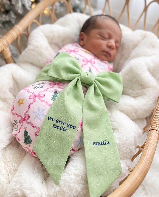 Embroidered newborn bow sash in apple green