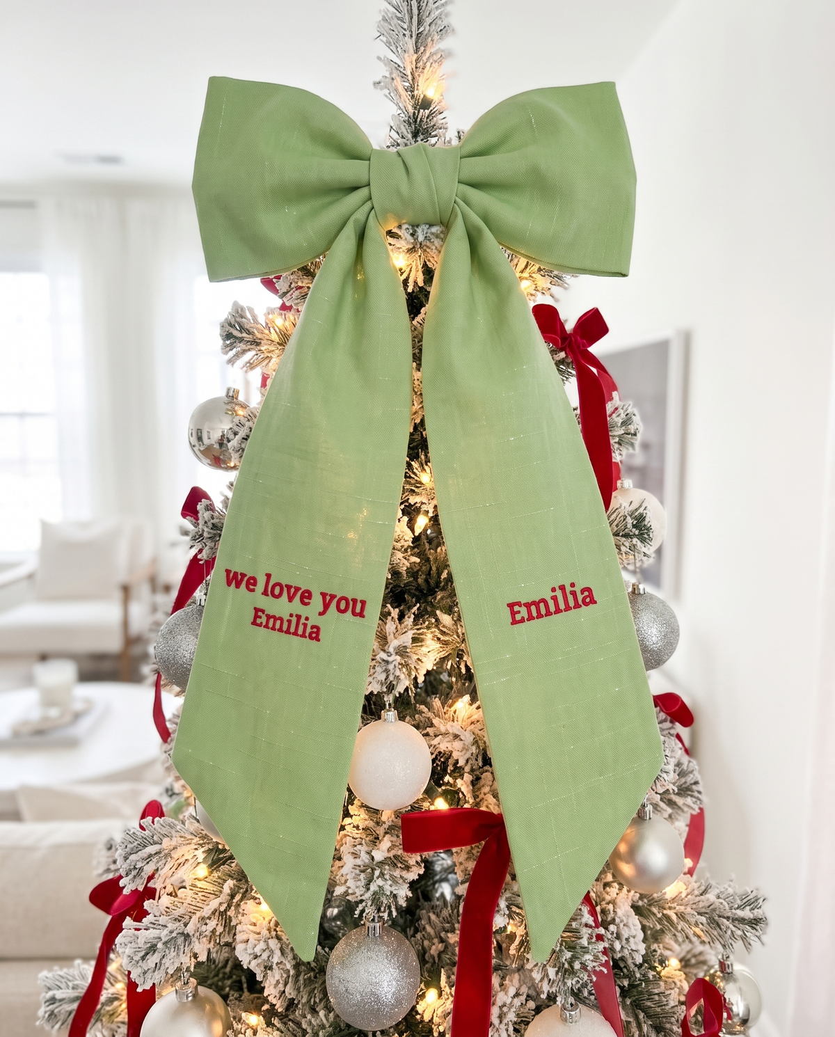 Apple green bow sash as Christmas tree topper