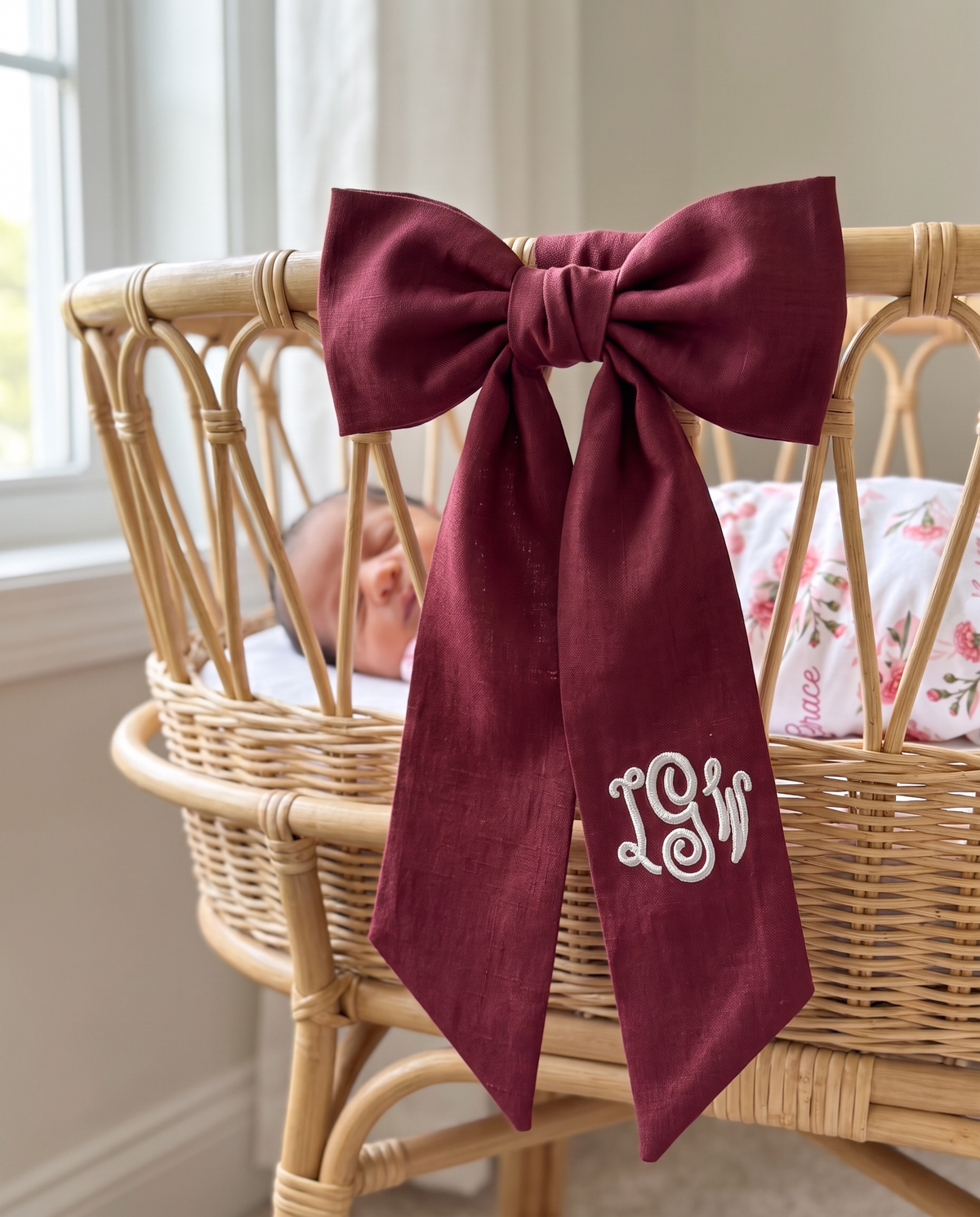 Burgundy bow sash tied on a rattan bassinet