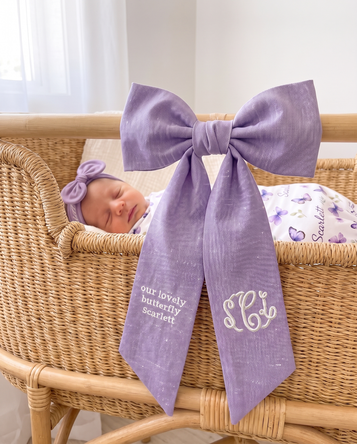 Lavender bow sash tied on a rattan bassinet