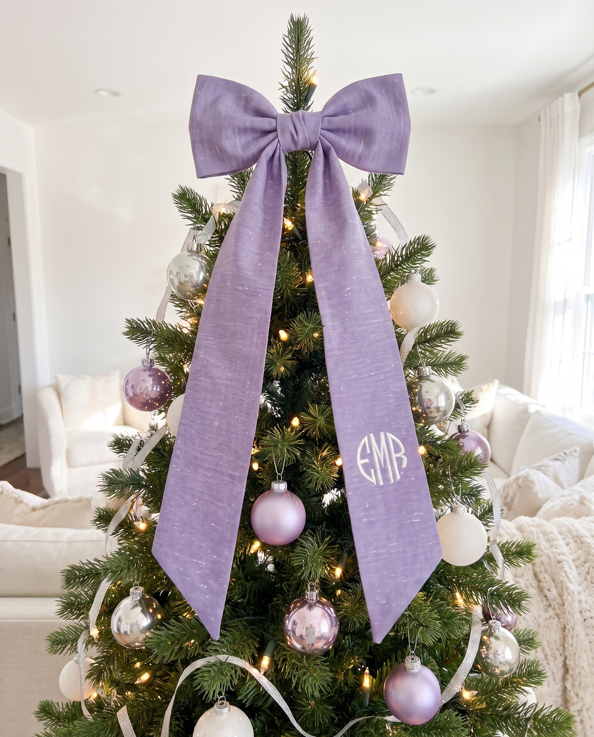 Lavender bow sash as Christmas tree topper