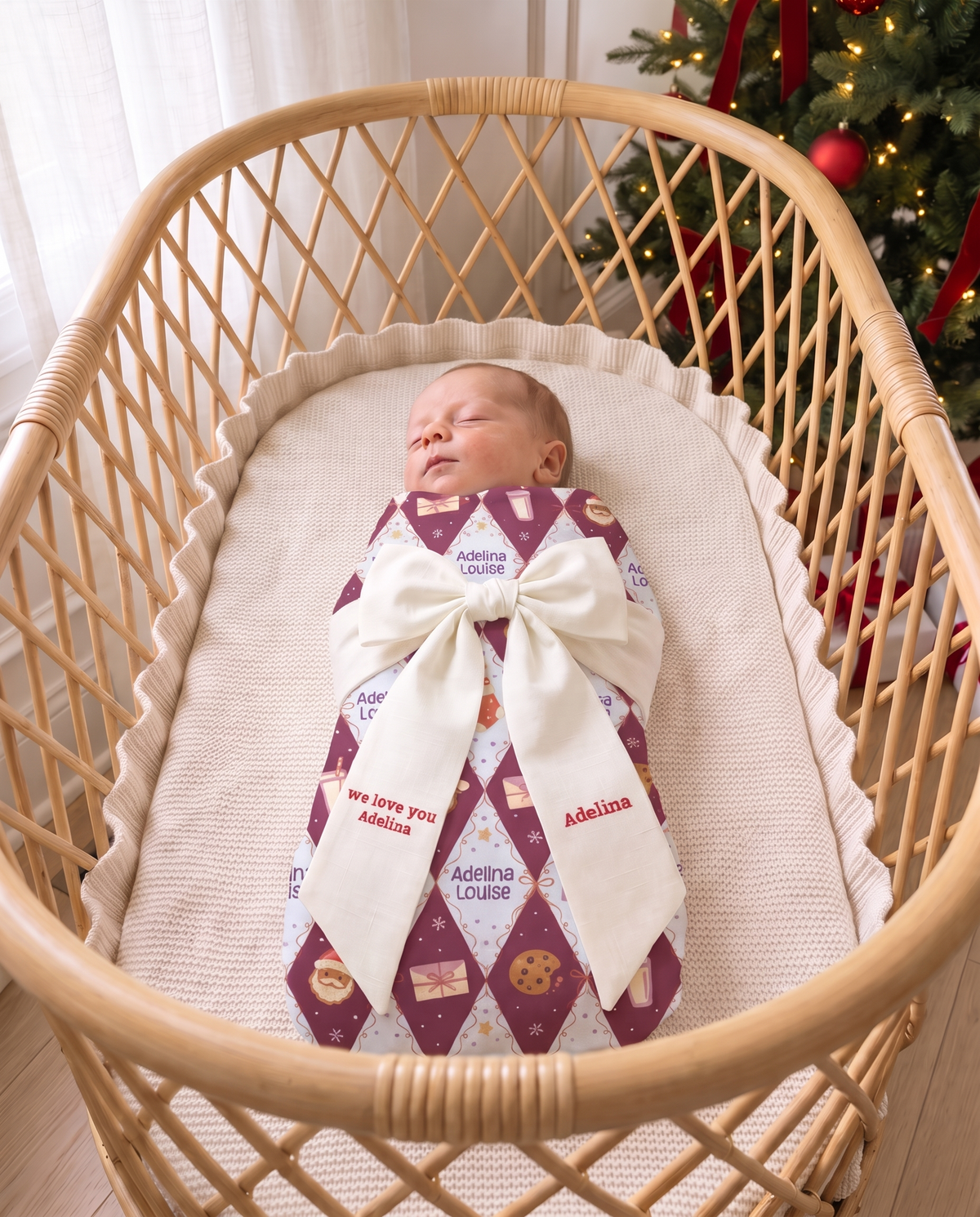 Embroidered Newborn Bow Sash in Milk White