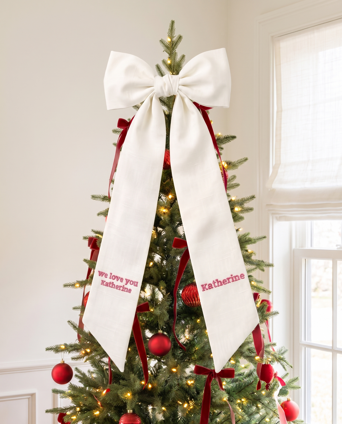Embroidered Newborn Bow Sash in Milk White