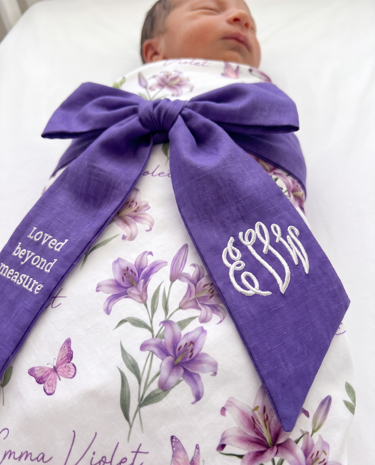 Embroidered Newborn Bow Sash in Royal Violet