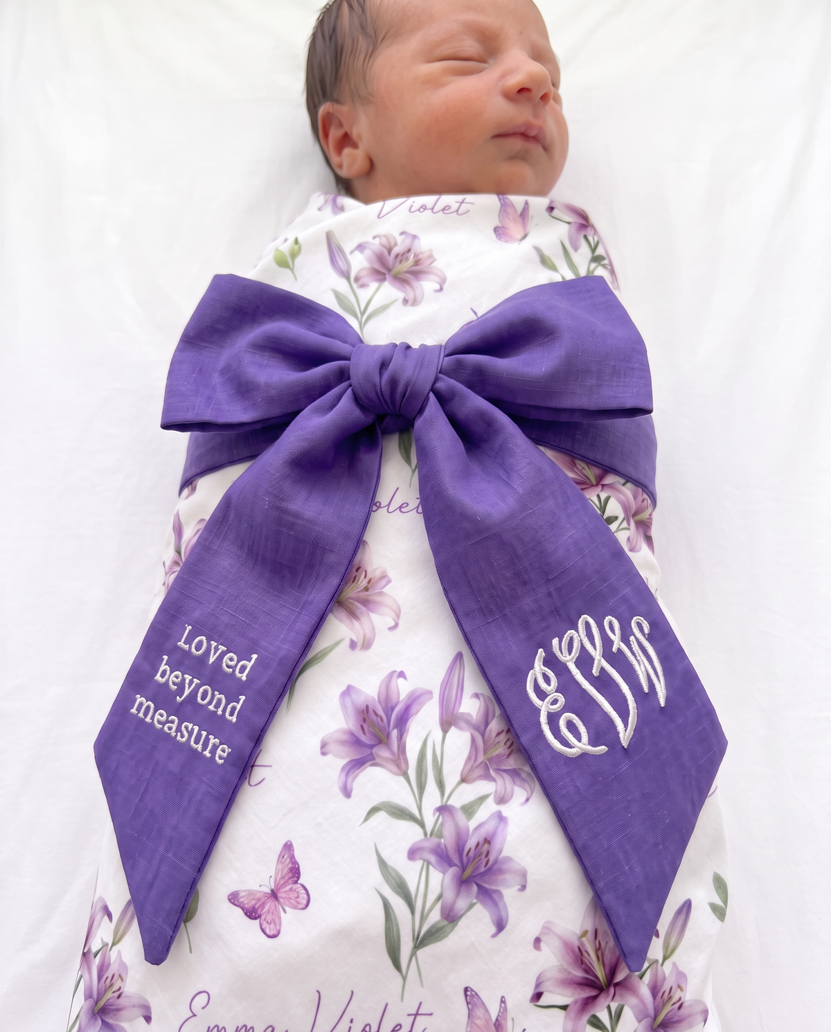 Embroidered Newborn Bow Sash in Royal Violet