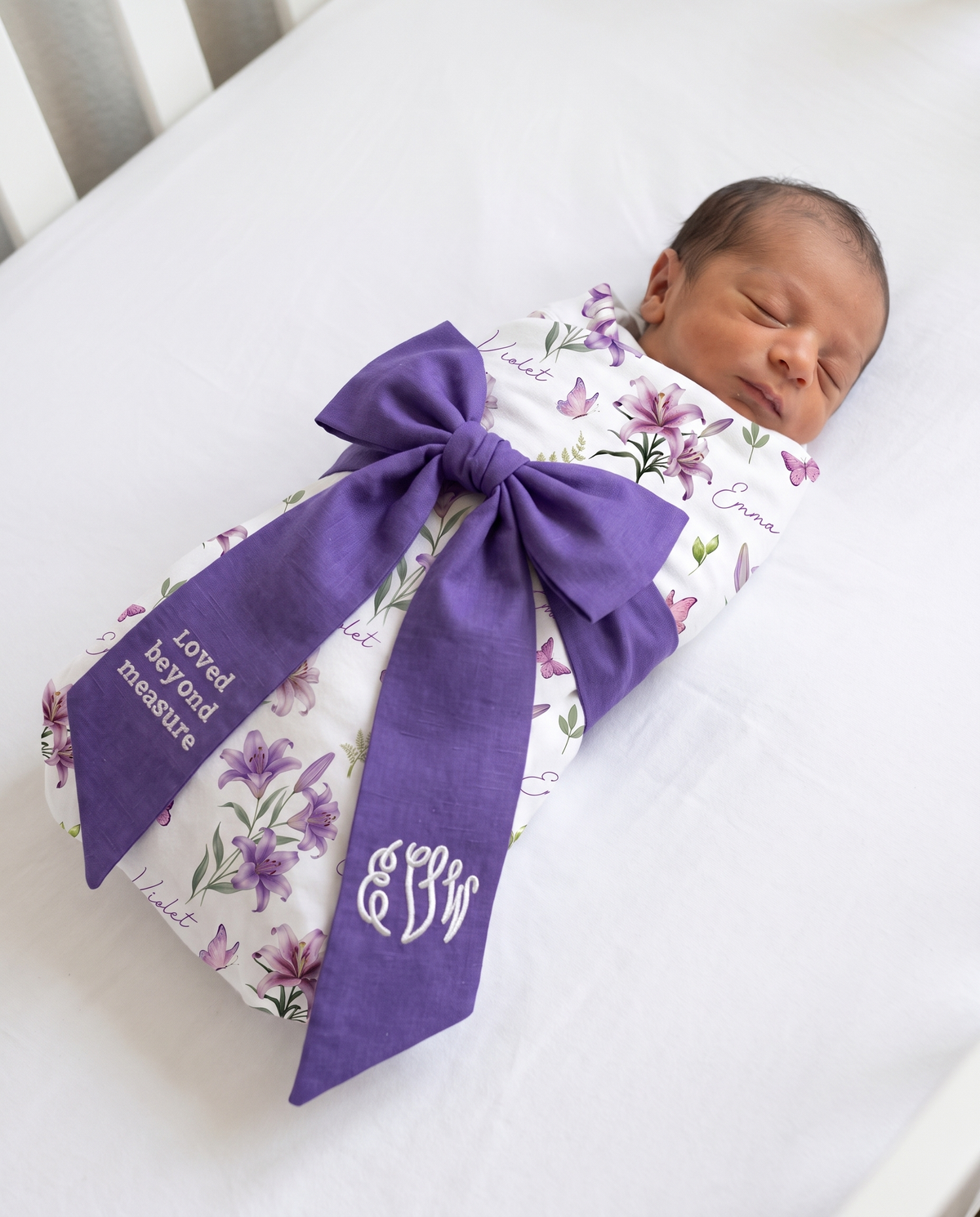 Embroidered Newborn Bow Sash in Royal Violet