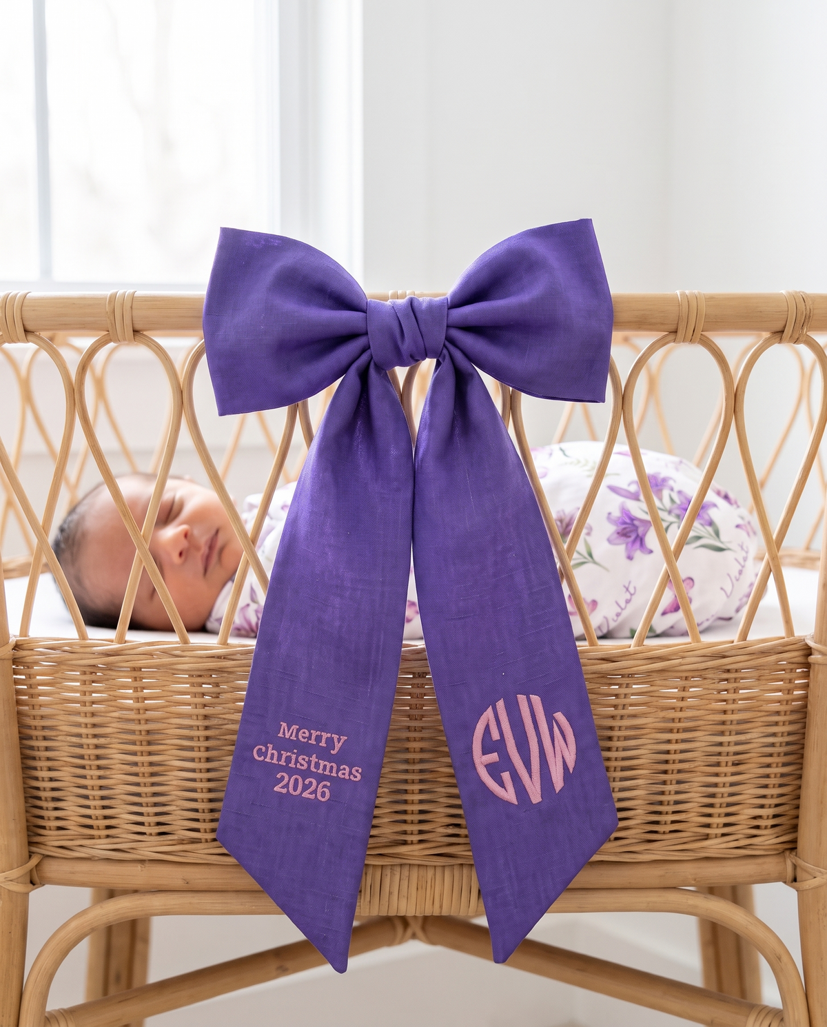 Embroidered Newborn Bow Sash in Royal Violet
