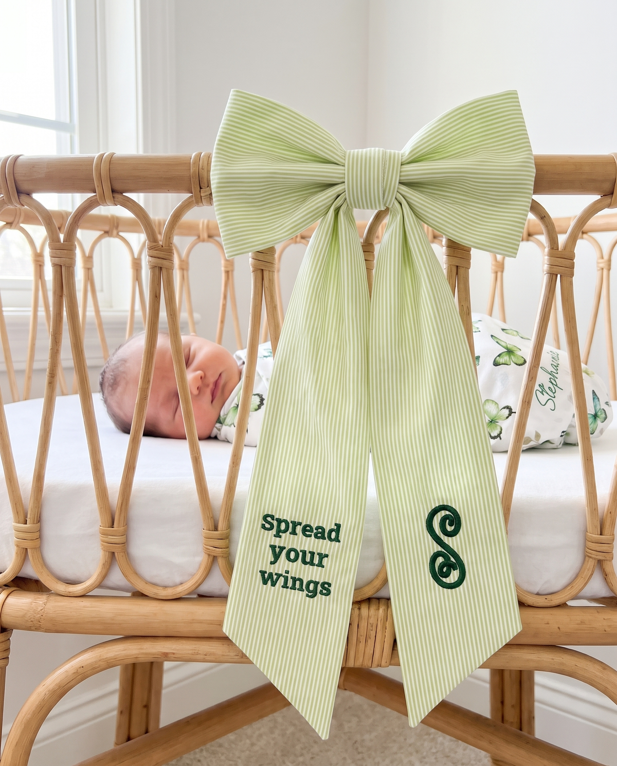 Embroidered Newborn Bow Sash in Striped Green