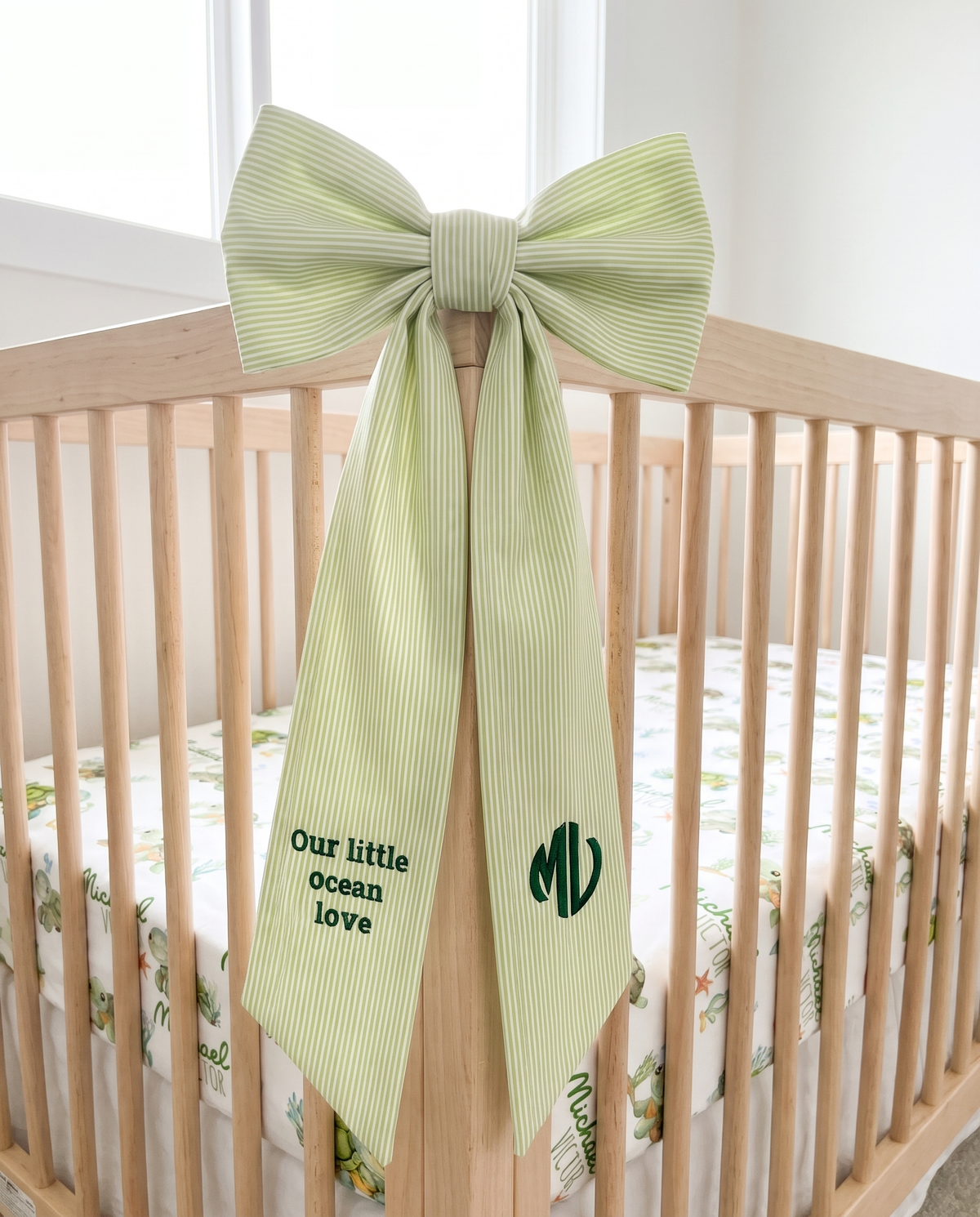 Embroidered Newborn Bow Sash in Striped Green