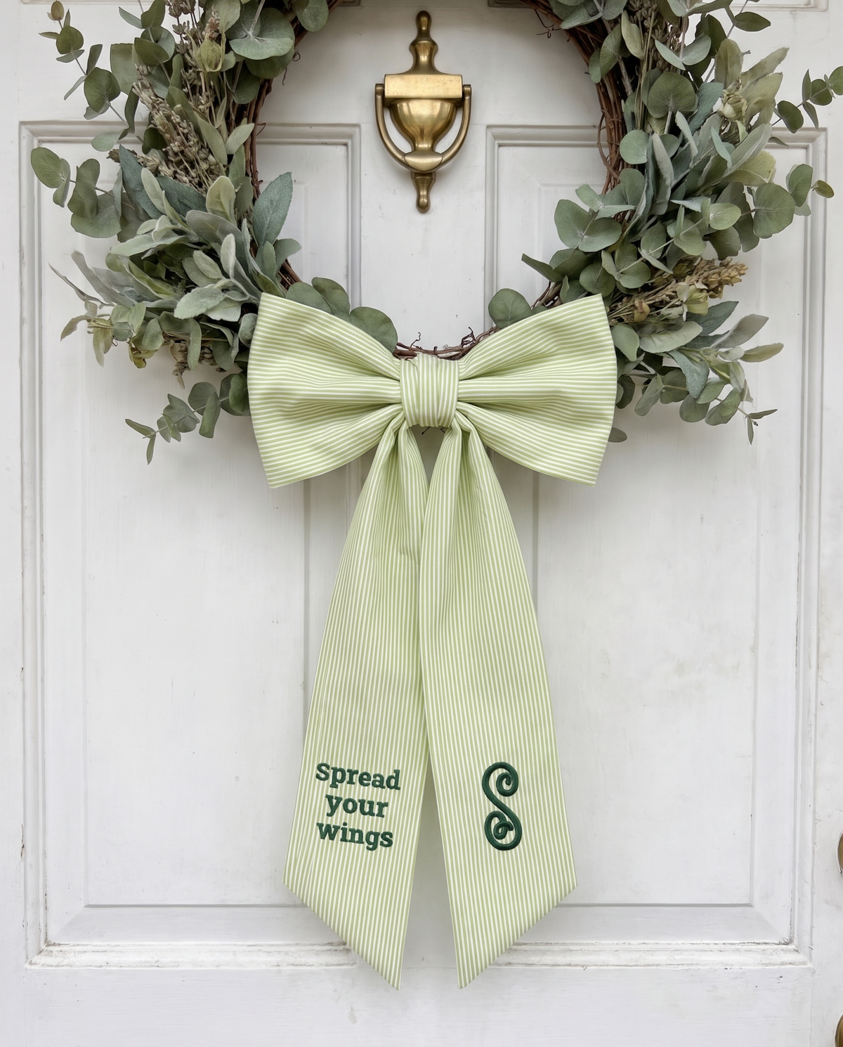 Embroidered Newborn Bow Sash in Striped Green