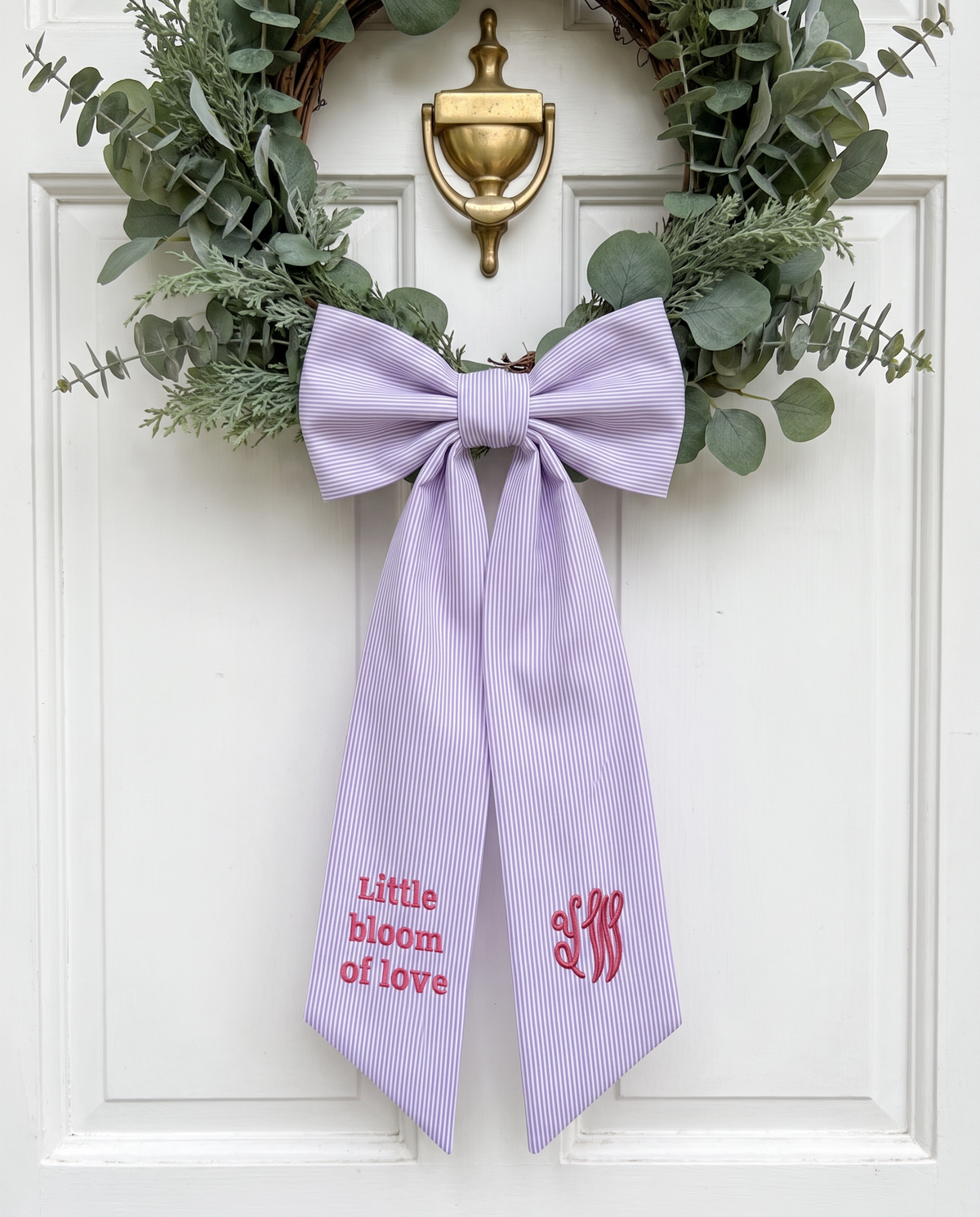 Embroidered Newborn Bow Sash in Striped Lavender