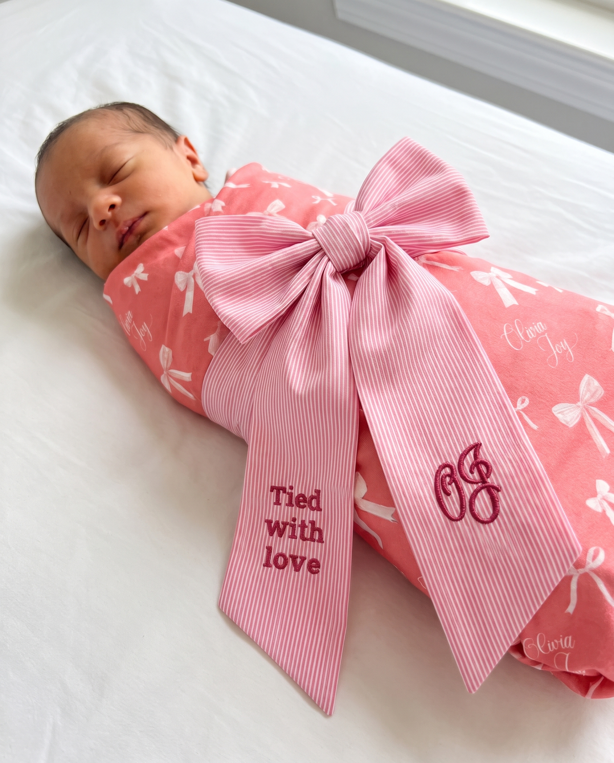 Embroidered Newborn Bow Sash in Striped Pink