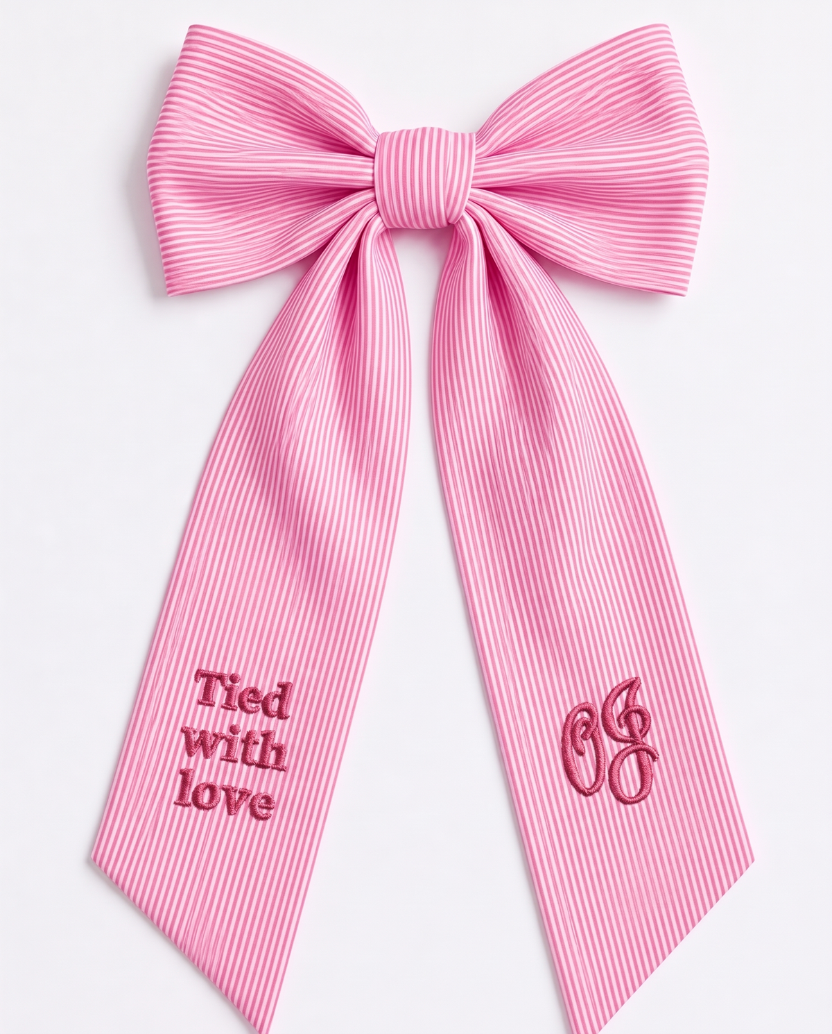 Embroidered Newborn Bow Sash in Striped Pink