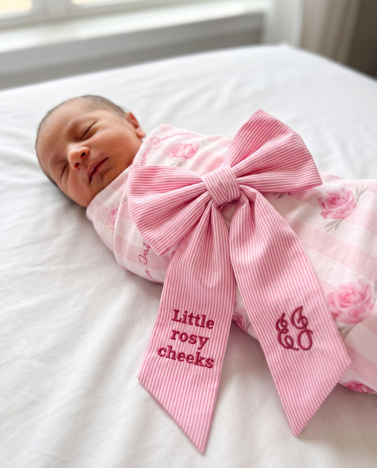 Embroidered Newborn Bow Sash in Striped Pink