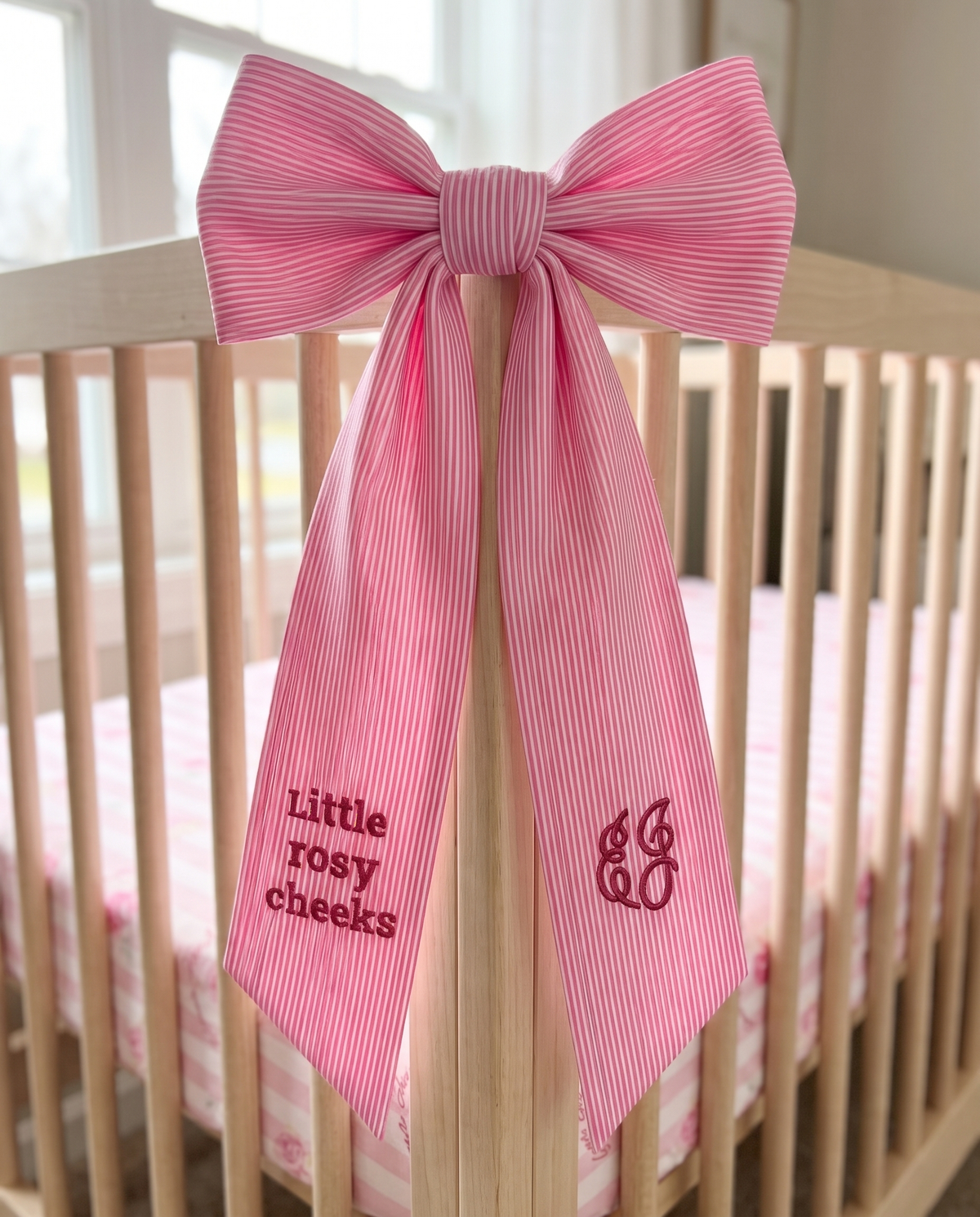 Embroidered Newborn Bow Sash in Striped Pink