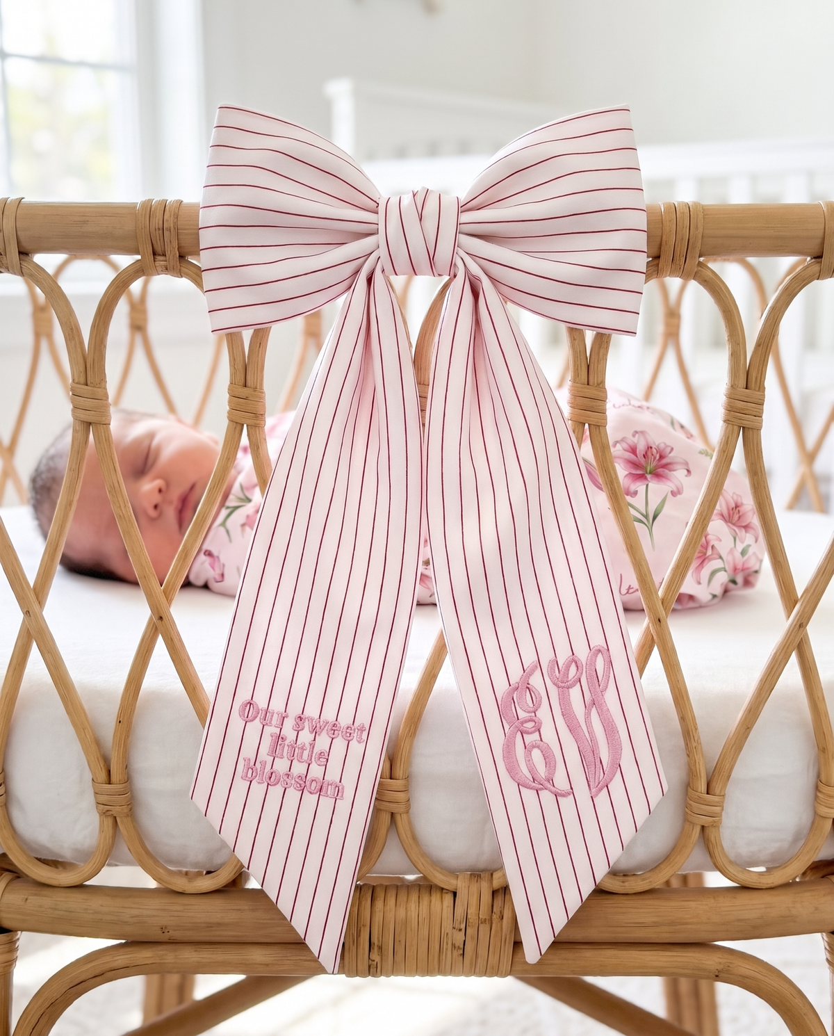 Embroidered Newborn Bow Sash in Striped Red