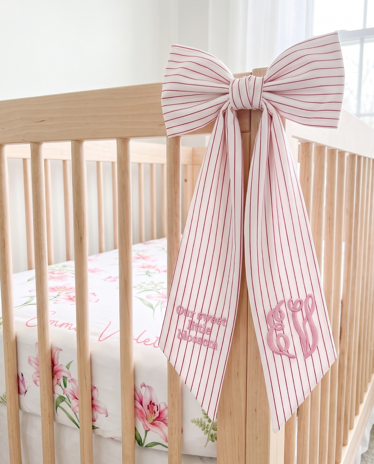 Embroidered Newborn Bow Sash in Striped Red
