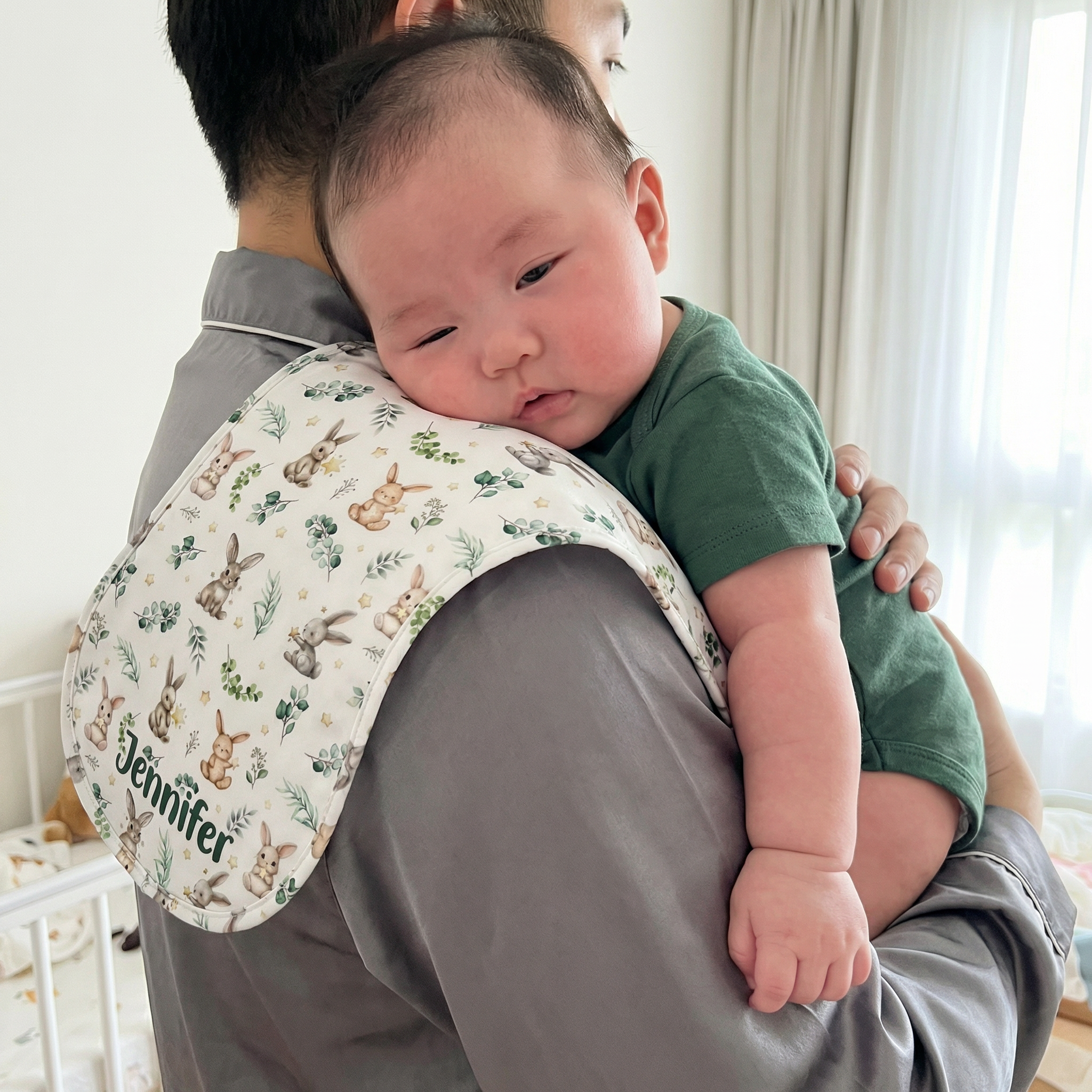 Personalized Bib and Burp Cloths in Bunny Garden