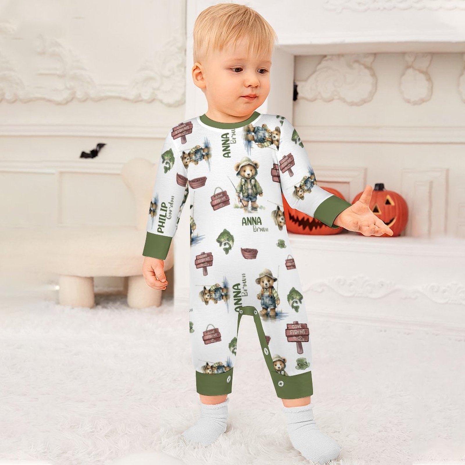 Personalized Baby Long Sleeved Romper in Bear Fishing