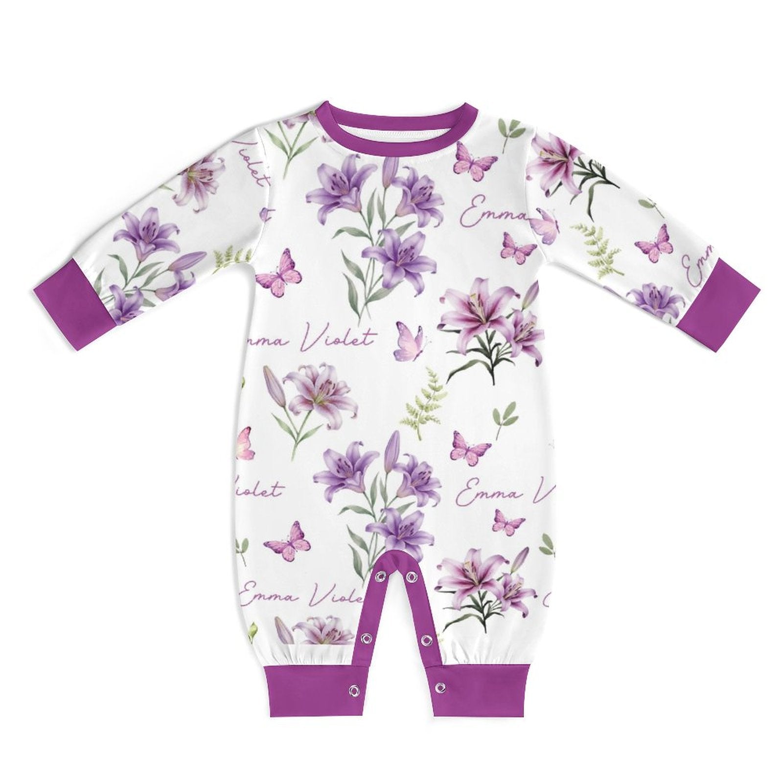 Personalized Baby Long Sleeved Romper in Purple Lilys