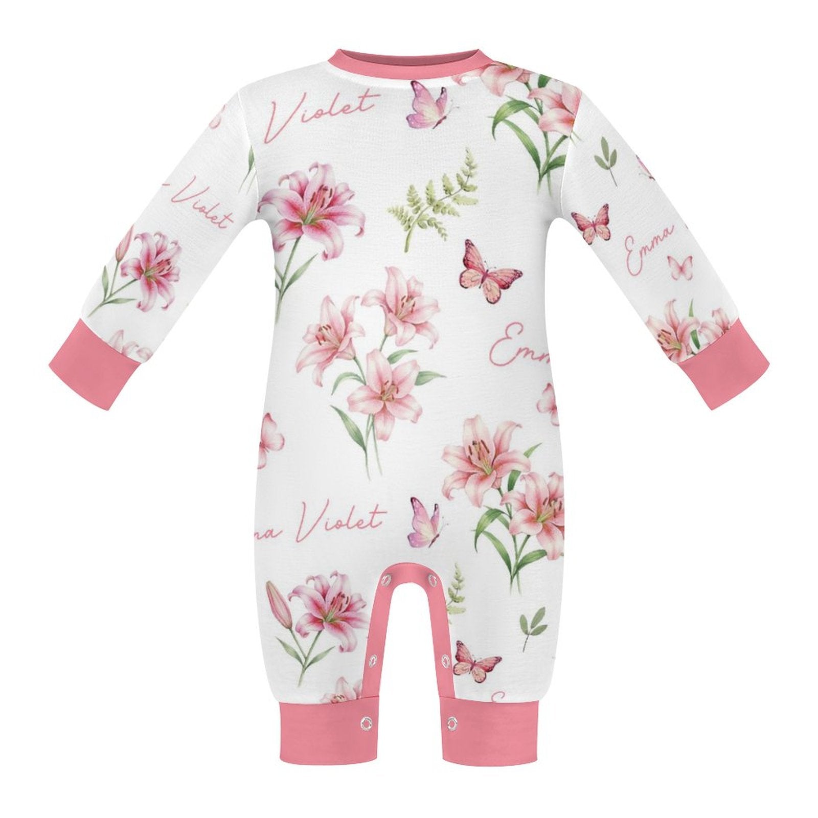 Personalized Baby Long Sleeved Romper in Pink Lilys