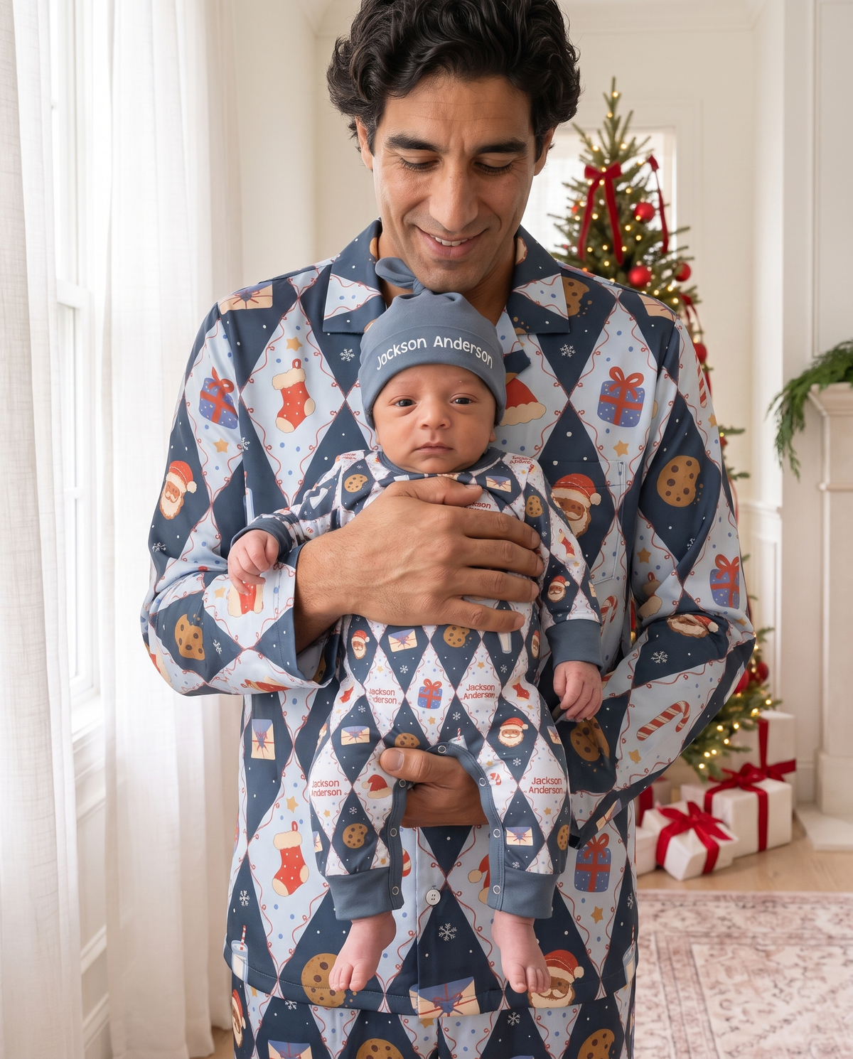 Personalized Long-sleeved Snap Romper in Dear Santa Blue
