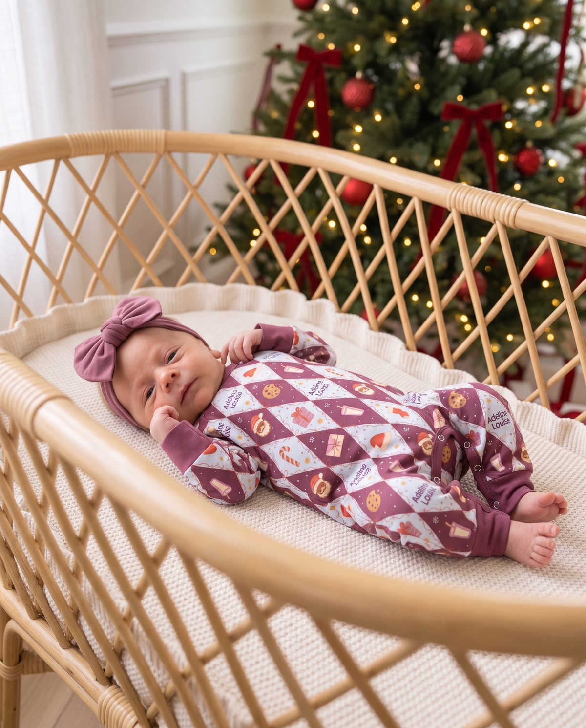 Personalized Long-sleeved Snap Romper in Dear Santa Pink