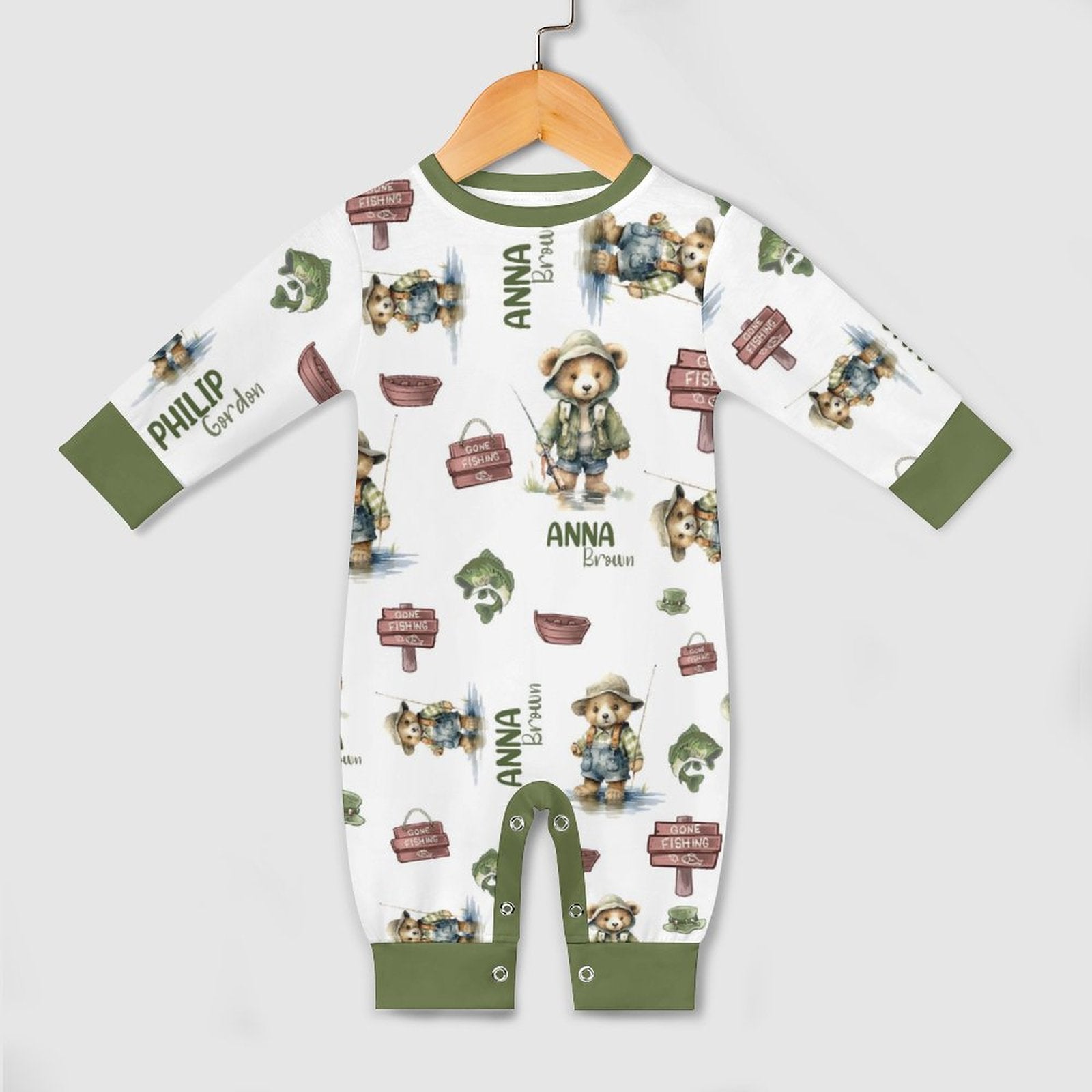 Personalized Baby Long Sleeved Romper in Bear Fishing