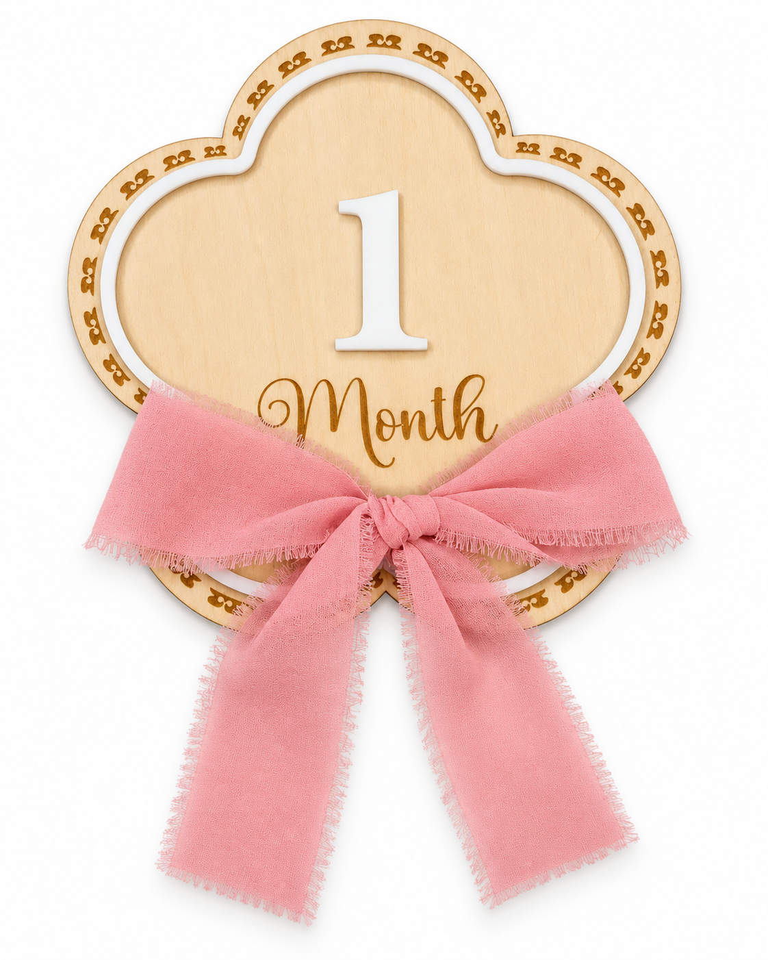 Flowers milestone wood sign reading 1 Month with a pink ribbon bow on a white background
