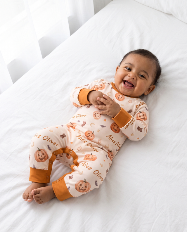 Baby lying diagonally wearing personalized long-sleeved snap romper in Golden Jack pumpkin print