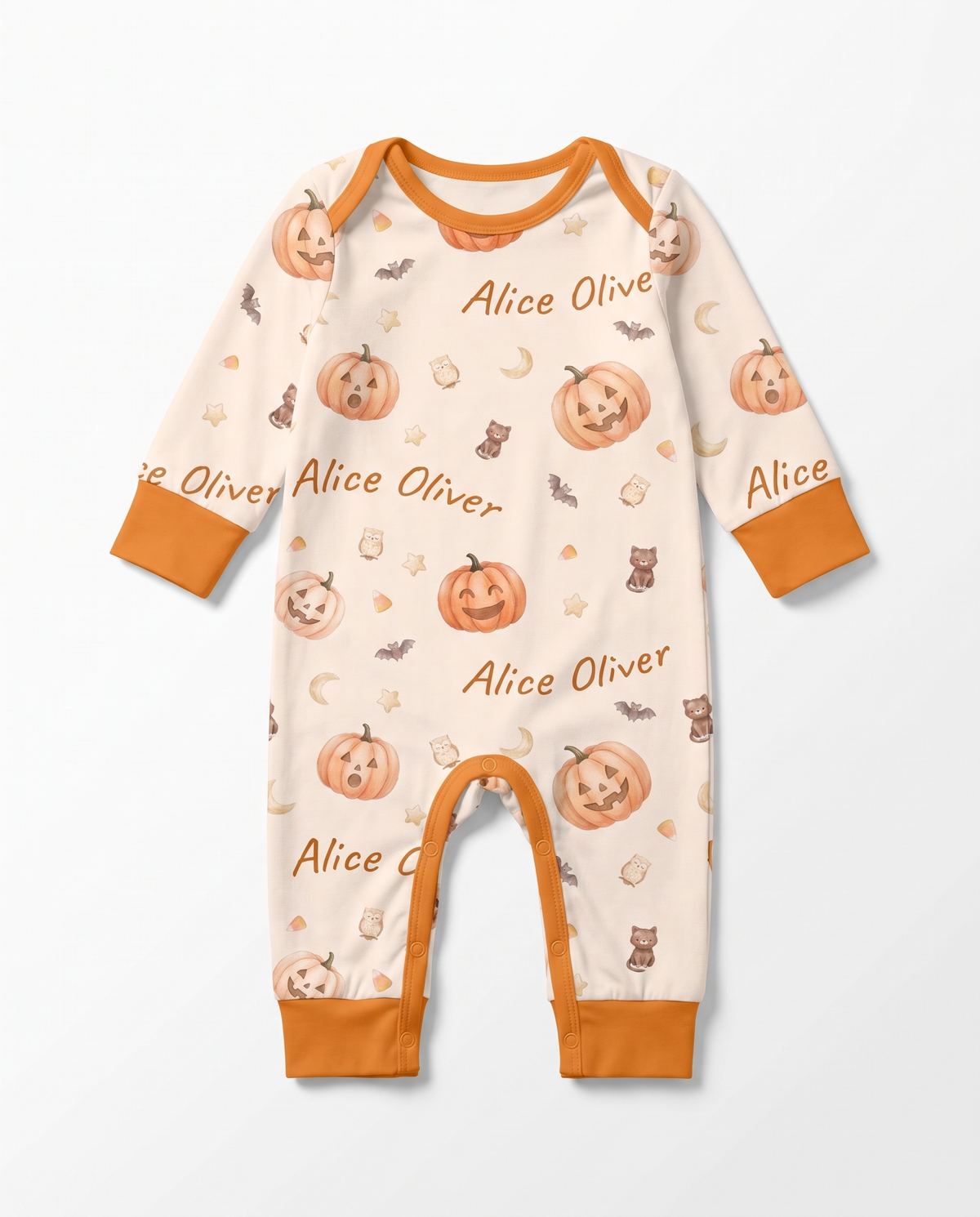 Personalized long-sleeved snap romper in Golden Jack print on white background